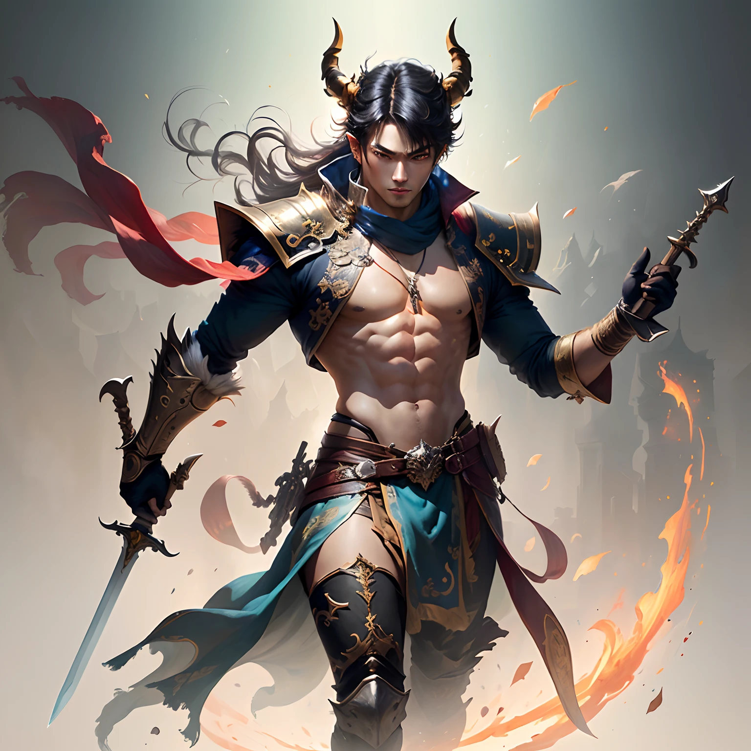 There is a half animal with a horned head and a sword in his hand, trending in the artstation, arte fantasia behance, Fit male demon with white horns, por Yang J, Chengwei Pan em ArtStation, d&d trending on artstation, Yiqiang e Shurakrgt, Mohrbacher