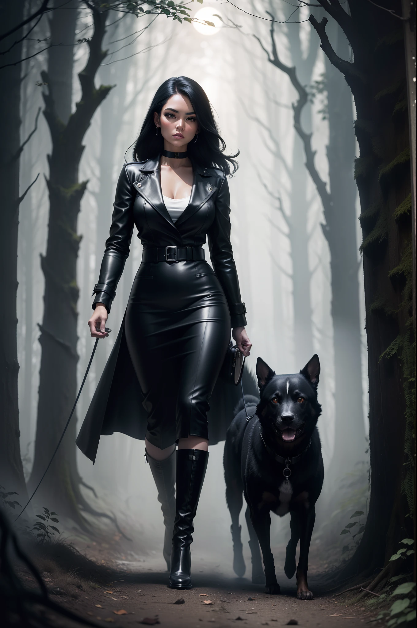 RAW masterpiece, Ulra fine photo best quality, Lynda Evangelista, wearing black leather, high heeled boots, high resolution. walking her dog in the woods, at night lit by car headlamps, cinematic lighting, moonlight, foggy, photographed in color cold dark palette, by Helmut Newton