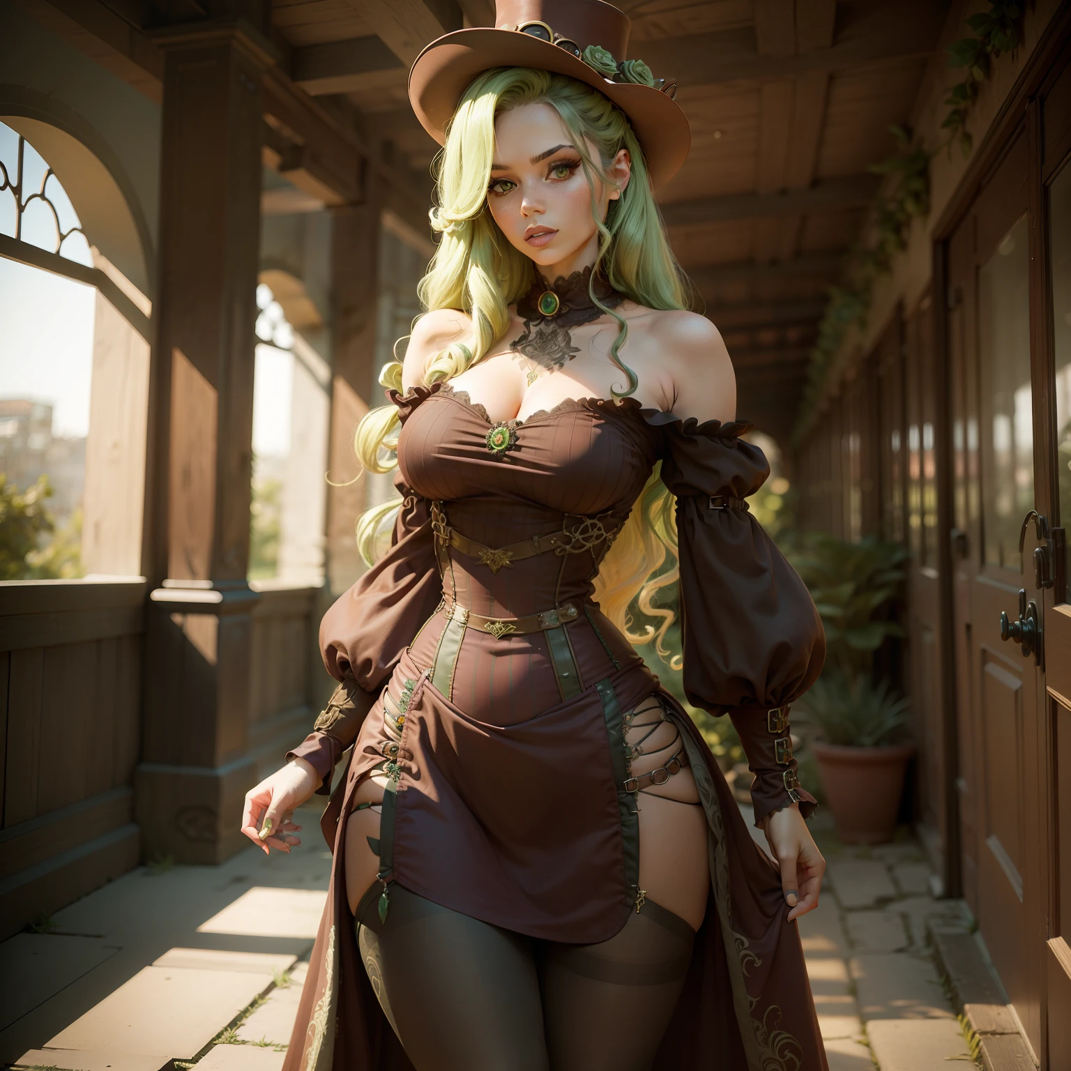 Mulher de corpo inteiro, mulher realizada de cabelo verde, olhos amarelo, mulher de corpo inteiro e realizada, cabelo verde, steampunk, realistas, mulher adulta