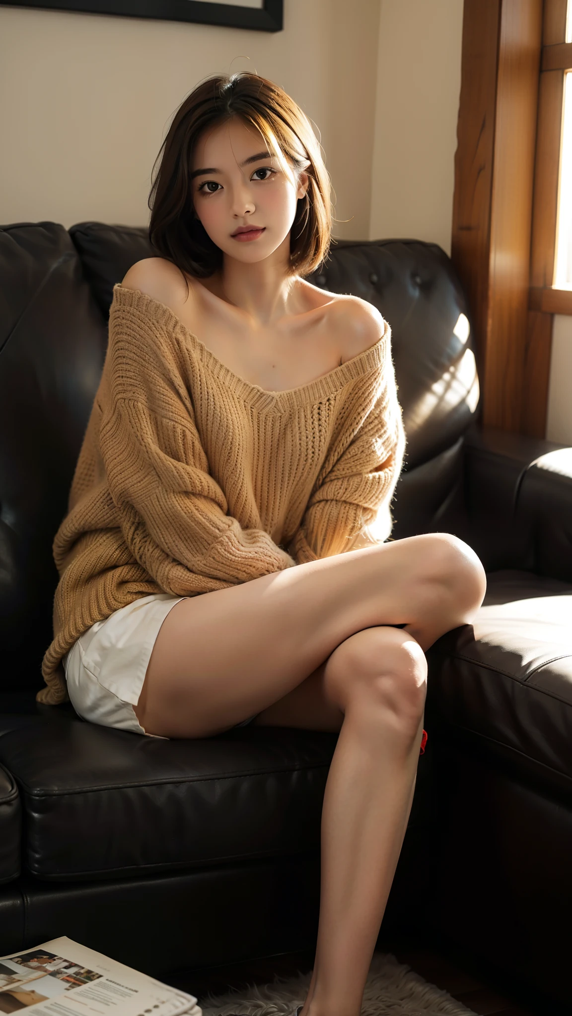 1girl,sitting on a cozy couch,crossing legs,soft light