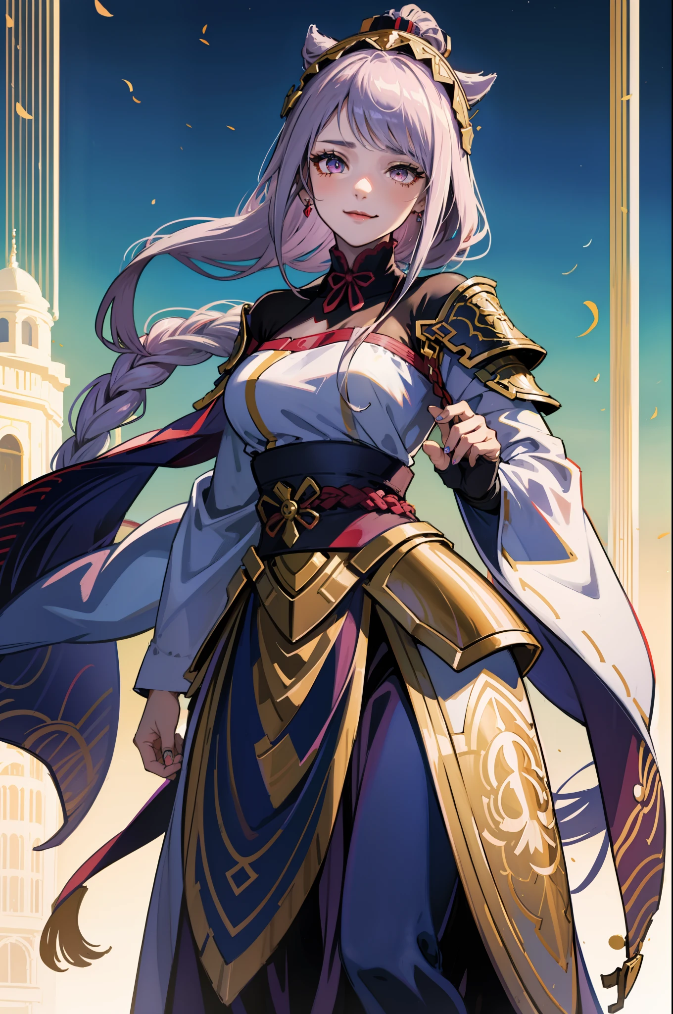 generation，Female general，Goddess of War，Whole body diagram，head to toe，Bunched hair，crown of head，Hanfu，armour，heroic look，Cold and glamorous，The eyes are indifferent，extremely beautiful，ancient battle field，ride horse，Ancient wars，slaughter，Handsome，Mature woman，Noble temperament，beautiful and seductive，knight-errant，High ponytail，Peerless beauty，Fine，perfect bodies，hair adornments，long whitr hair，Absolutely beautiful，agent，Black belly，Ace，Smile，the detail，Perfect details，holding a longsword，Detail portrayal