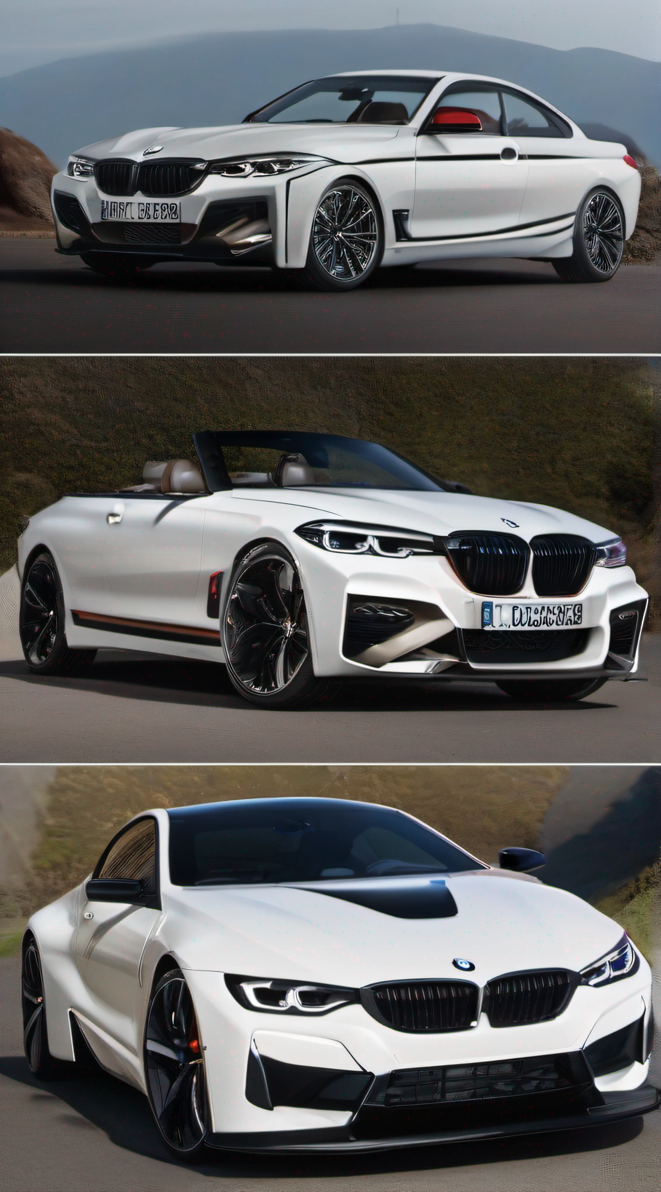 A powerful concept roadster with iconic BMW styling cues. The longitudinal front engine, rear wheel drive layout provides a sporty 50/50 weight distribution. The kidney grille is enlarged, flanked by curved twin circular LED headlights that flow into the front fenders.

The side profile displays a long sweeping hood, retractable roof panel, and short rear deck. Aggressive contours run along the bodywork to the widened rear haunches. The spokes of the 20” alloy wheels are inspired by the classic BMW cross-spoke design.

At the rear, L-shaped tail lights sit high on the outer edges linking to the character line. Dual trapezoidal exhaust tips are integrated into the rear valance. The interior features a driver-focused cockpit with controls angled towards the helmeted driver. Alcantara sport seats grip occupants tightly complementing the car's performance capabilities.

Overall the concept's bold shapes, iconic BMW design elements and uncompromising RWD proportions create an exciting vision for a future BMW sportscar designed for exhilaration.