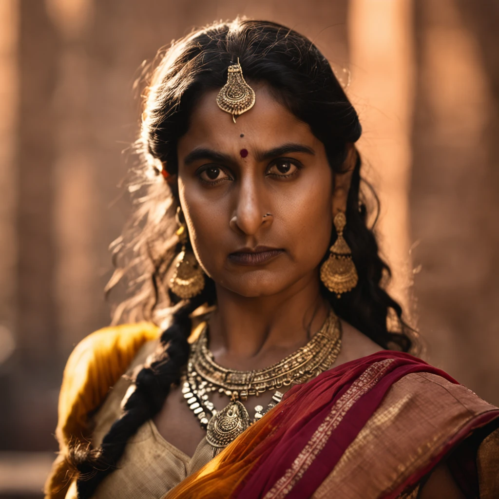 A photography shot with a 50mm lens, capturing the determined visage of The Warrior Queen Jansi Laxmibai. The image echoes Annie Leibovitz's style. She stands strong against a historic backdrop, her eyes reflecting her resolve. Soft golden hour light envelops her, exuding power. --v 5 --stylize 1000