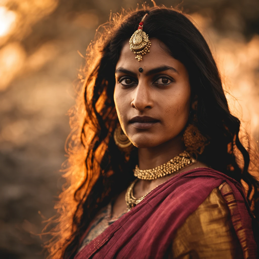 A photography shot with a 50mm lens, capturing the determined visage of The Warrior Queen Jansi Laxmibai. The image echoes Annie Leibovitz's style. She stands strong against a historic backdrop, her eyes reflecting her resolve. Soft golden hour light envelops her, exuding power. --v 5 --stylize 1000