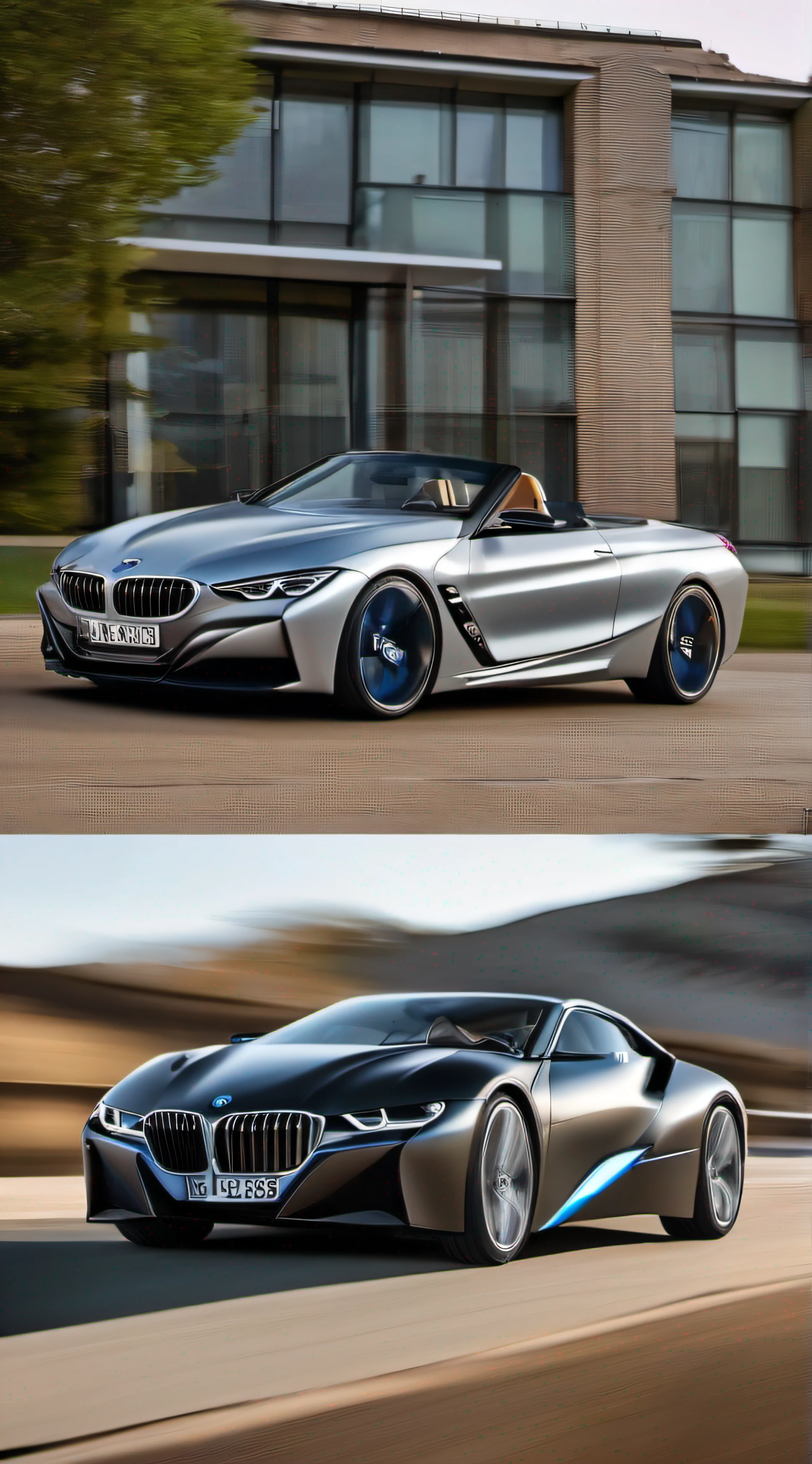 A powerful concept roadster with iconic BMW styling cues. The longitudinal front engine, rear wheel drive layout provides a sporty 50/50 weight distribution. The kidney grille is enlarged, flanked by curved twin circular LED headlights that flow into the front fenders.
The side profile displays a long sweeping hood, retractable roof panel, and short rear deck. Aggressive contours run along the bodywork to the widened rear haunches. The spokes of the 20” alloy wheels are inspired by the classic BMW cross-spoke design.
At the rear, L-shaped tail lights sit high on the outer edges linking to the character line. Dual trapezoidal exhaust tips are integrated into the rear valance. The interior features a driver-focused cockpit with controls angled towards the helmeted driver. Alcantara sport seats grip occupants tightly complementing the car's performance capabilities.
Overall the concept's bold shapes, iconic BMW design elements and uncompromising RWD proportions create an exciting vision for a future BMW sportscar designed for exhilaration.