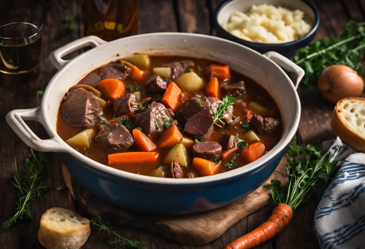 A food photography of Beef Stew A comforting, savory stew with tender chunks of beef, carrots, and potatoes. Create a rustic and cozy composition with a wooden table and a warm blanket in the background, with the beef stew placed in the foreground. Arrange the beef, carrots, and potatoes in an appetizing way that highlights their texture and color, while also adding some fresh herbs for a pop of green. Capture the stew from a slightly overhead angle, showcasing the layers of ingredients and creating a sense of depth. Use soft, diffused lighting to create a warm and inviting atmosphere that highlights the rich colors of the stew. Keep the beef and vegetables in sharp focus, while blurring the background slightly to create a sense of depth and intimacy. Adjust the colors to emphasize the warm, comforting tones of the stew, with rich browns and oranges. Use a medium contrast to create depth and definition between the different elements in the image. Keep the saturation moderate to showcase the natural colors of the ingredients, while still adding a bit of vibrancy. Ensure that the beef is the sharpest element in the image, drawing the viewer's attention to the main ingredient. Emphasize the hearty, comforting texture of the stew through the use of warm lighting and the natural textures of the vegetables and herbs --no cutlery--chaos 2 --stylize 1000  --v 5