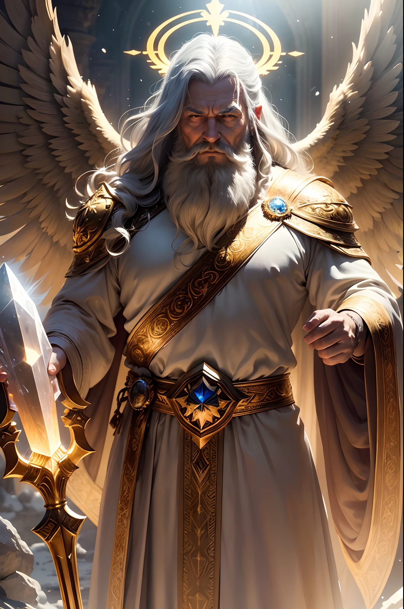 super high resolution, best quality, photo, 8k, (photorealistic: 1.2), cinematic lighting, An old man shaped like a fantz wlop, giant man with beard in bright white robes and floating on the crystal throne floating on crystal clouds, yellow eyes, bright yellow light emitted from the throne, precious stones floating in the sky, God, with beams of light enveloping his body,  with large translucent, feathered wings on the crystal throne, wings are open, golden light (halo:1.2) over your head, abdominal muscles dressed in medieval golden armor, beard, masculine, dark, masterpiece, best quality, intricate details, snow environment and crystals in the background, crystal cathedral, portal of the future, 3D light, HD, magic, god of light, backlighting,  detailed face, DREAD, depth of field, soft lighting, tone mapped, highly detailed, concept art, smooth, sharp focus, dramatic lighting, highly detailed art, cinematic, 8K, amazing shadows (highly detailed background: 1.2) --auto