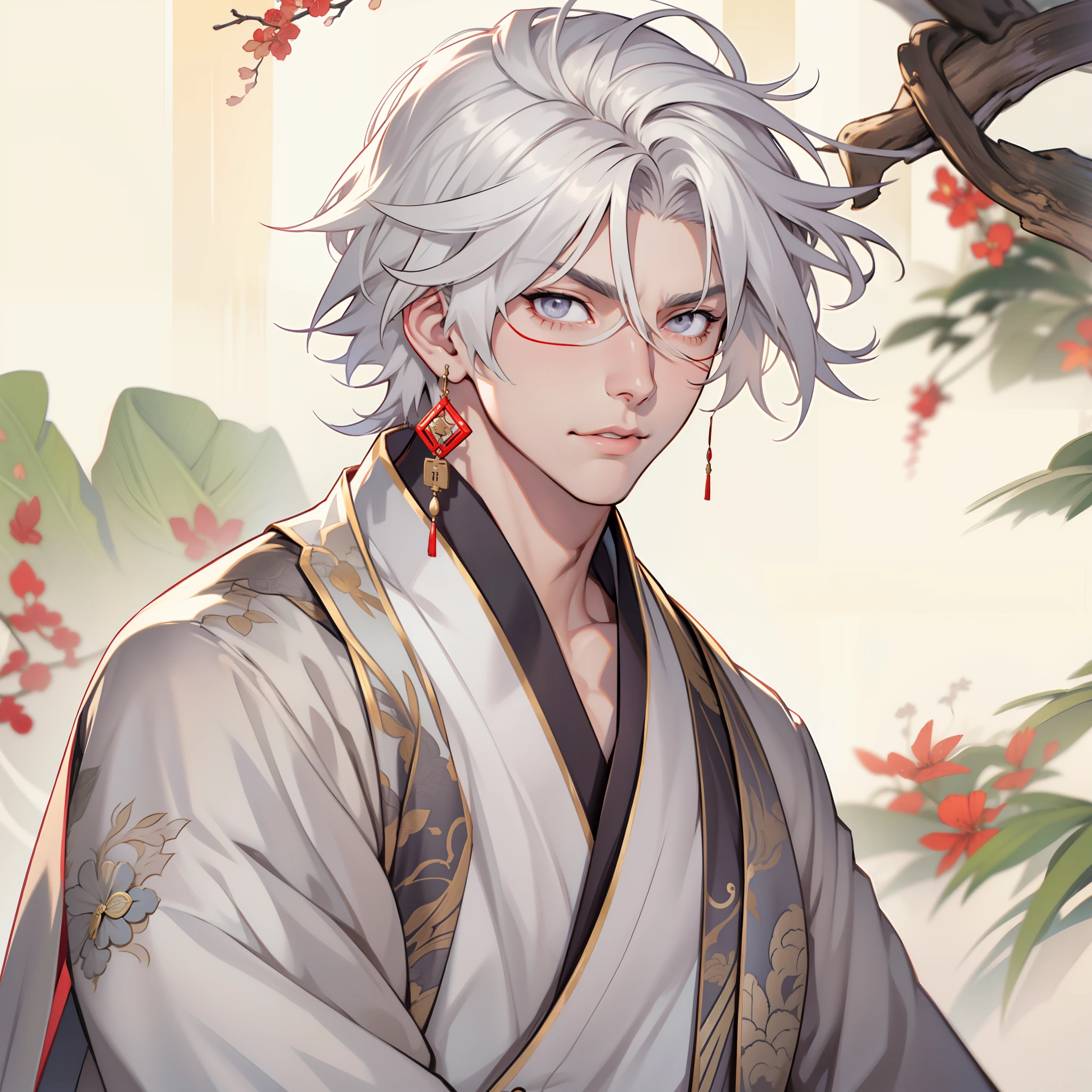 Handsome male. 6 ft 5 tall man. White hair. Short hair. Grey eyes. Eyepatch. Earrings. Toned body. Muscular male. Traditional chinese clothes. Genshin Impact