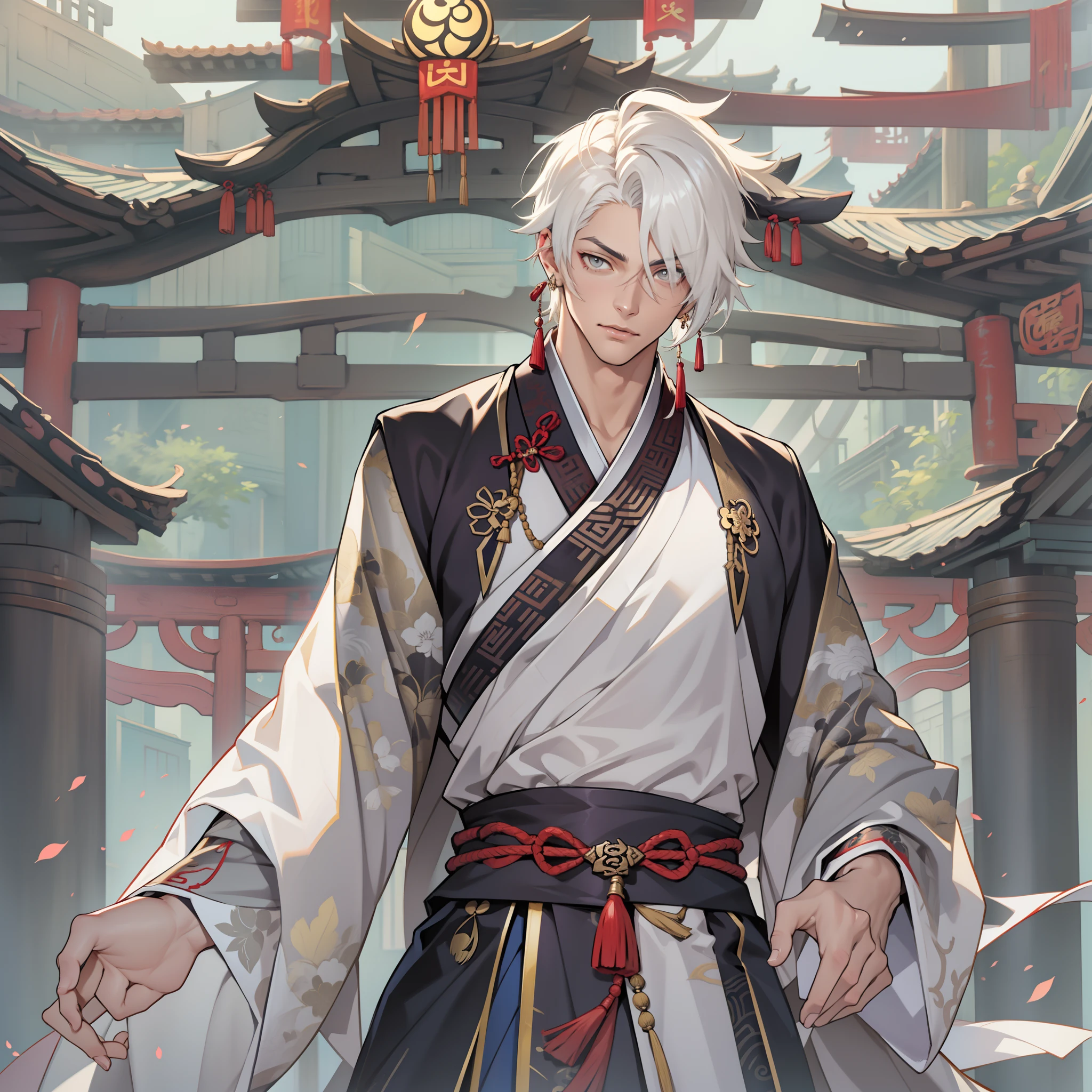 Handsome male. 6 ft 5 tall man. White hair. Short hair. Grey eyes. Eyepatch. Earrings. Toned body. Muscular male. Traditional chinese clothes. Genshin Impact