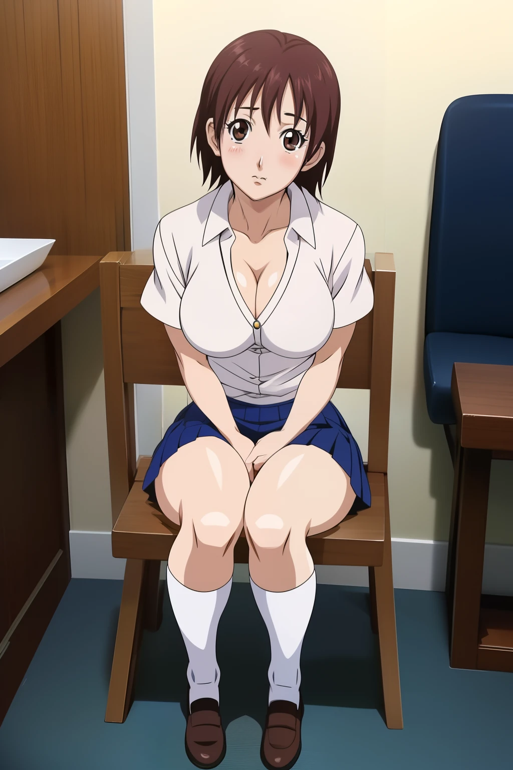 Kei Kishimoto, brown hair, cut hair, brown eyes, white shirt, medium breasts, cleavage, blue skirt, white underwear, thighs, short socks, brown shoes, sitting on chair, Pinup, thigh tease, close up, holding breasts, looking at viewer, blushing