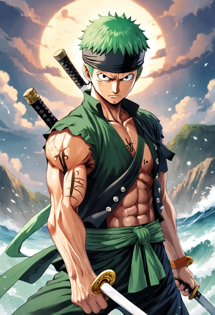"Generate an image of Roronoa Zoro, a character from the popular anime and manga series 'One Piece.' Zoro is a skilled swordsman and a member of the Straw Hat Pirates. He is known for his distinctive green hair, bandana, and three swords style. Depict Zoro in a dynamic pose that showcases his swordsmanship skills and determination. Capture his serious expression and the intensity of a battle-ready warrior. Pay attention to details such as his swords, scars, and the iconic 'One Piece' symbol on his left bicep. The background should reflect the adventurous spirit of the series, with hints of the sea and pirate motifs. Use bold and vibrant colors to bring the character to life and create a visually striking image that resonates with fans of the series."