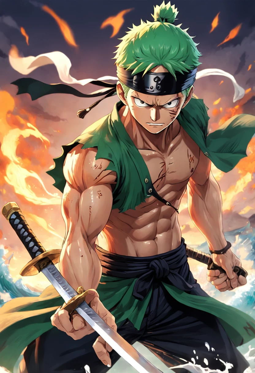 One_piece_anime, Ronoroa_Zoro, Wano_Style, embellishment, 1boy, ((vertical_scar_over_right_eye)), constura_no_peito, standing_in_a_field, dark_sky, (beat_up:1.2), katanas_crossed, (bloody:1.4), exhausted, bare_chested, (in_pain:1.2), resolution_1125x2436, Realistic, Live_Action, HDR, FullHD, resolução_4K, (((obra_prima))), (((melhor_qualidade))), (((Extremamente_detalhado, sombras_escuras_intensas, foco_nítido, iluminação_suave, Santōryū, three_sword_style, green_hair, symmetrical_body, portrait, dramatic_lighting, high_contrast, artstation, character_concept_art, Unreal_engine, hyper_detailed
