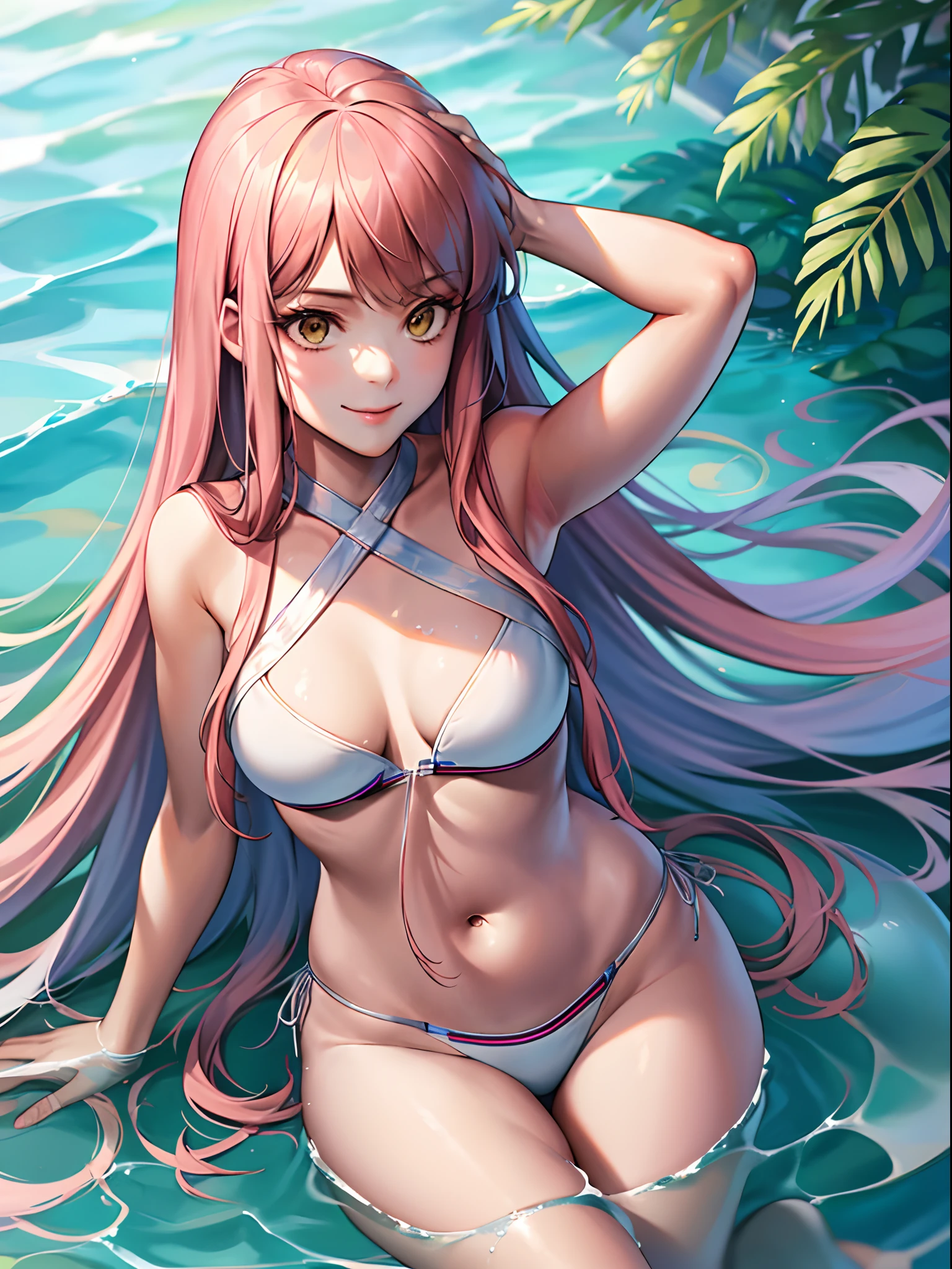 Masterpiece, Best Quality, 1girl, 独奏, in water, Lake, closed mouth, Smile, Medb \(fate\), White bikini, wide hips,