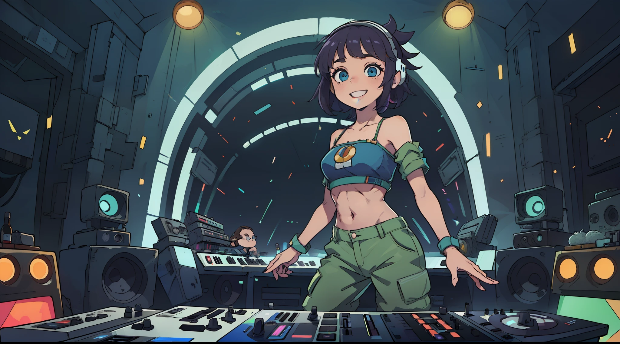 (Mulher tomboy DJing em toca-discos no palco do festival EDM:1.3), EDM Event Lighting Effects, on stage in front of the crowd, telas futuristas gigantes no fundo, sala neon, (jaqueta cropped branca:1.1), (vivid bright blue eyes:1.2), (cabelos brancos:1.3), (estrias de ciano no cabelo:1.2), rabo de cavalo alto, (sorriso arrogante:1.2), (Abs:1.2), luzes rave, (lasers no fundo:1.2), tiras de luz brilhantes nas roupas, slim build, Olhando para o Viewer, alto-falantes gigantes no fundo, belos olhos reflexivos brilhantes detalhados, (Calcinha Perna Alta:1.2), (white cargo pants:1.3), (tiras finas sobre os ossos do quadril:1.3), (hip straps:1.3), (barbear lateral:1.3), (Minar:1.2), ossos definidos do quadril, clivagem, magro