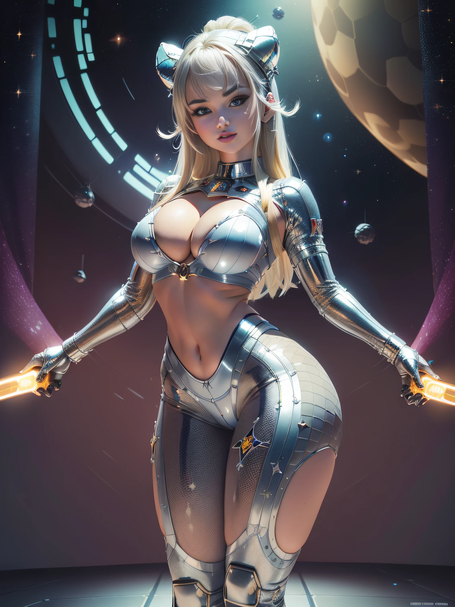 ((master part, best quality)),edgQualidade,Smurg,Sorriso,((arms along the body)) edgShg bonito_Woman,edgShg perfeito_rosto,edgShg_corpo,blonde hair, (sexy_Scifi, woman in a silver space costume, cinta-liga, midriff exposto, estrela adornando o decote, vestindo sexy_Scifi, posing for a picture in outer space,:1.235)