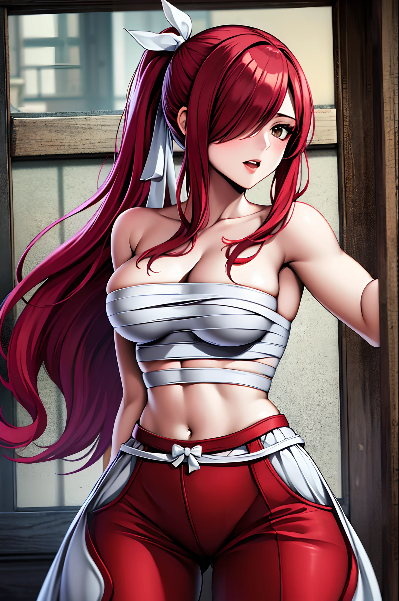 Masterpiece, Best Quality, hight resolution, fairytale, 1girl, hairlong, red hair, pony tail, white ribbon, hair above one eye, Brown eyes, large breasts, 鎖骨, Sarashi's chest, bandage, teats, bare arms, midriff, Red Hakama, red pants, Cowboy shot, Indoors, Standing, epic pose, erotica, the wind,