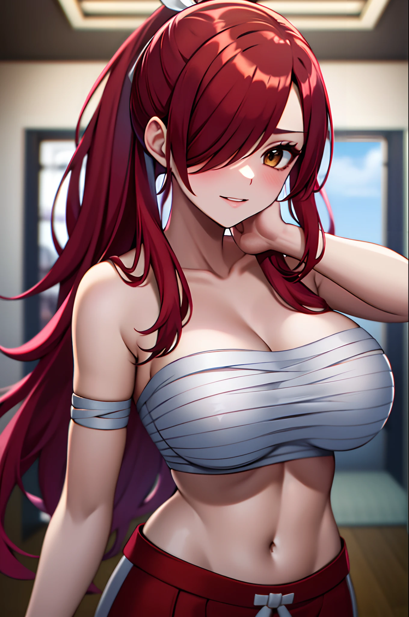 Masterpiece, Best Quality, hight resolution, fairytale, 1girl, Long hair, red hair, pony tail, white ribbon, hair above one eye, Brown eyes, large breasts, 鎖骨, Sarashi's chest, bandage, bare arms, midriff, Red Hakama, red pants, Cowboy shot, Indoors, Standing,