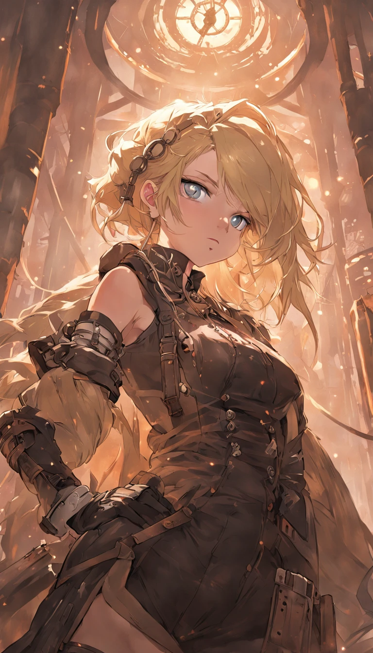 {{{tmasterpiece}}},{{{HighestQuali}}},{{{A high resolution}}},{{{Highest image quality}}},In steampunk style,Steampunk worldview,teens girl,blond hairbl,Twist braids,Mechanical prosthetics,machine arm,A long bloody steel knife stretched out in his right hand,The right hand becomes a steel knife,Army uniform,black long boots,In his left hand is a bloody head,Holding a human head in his left hand,