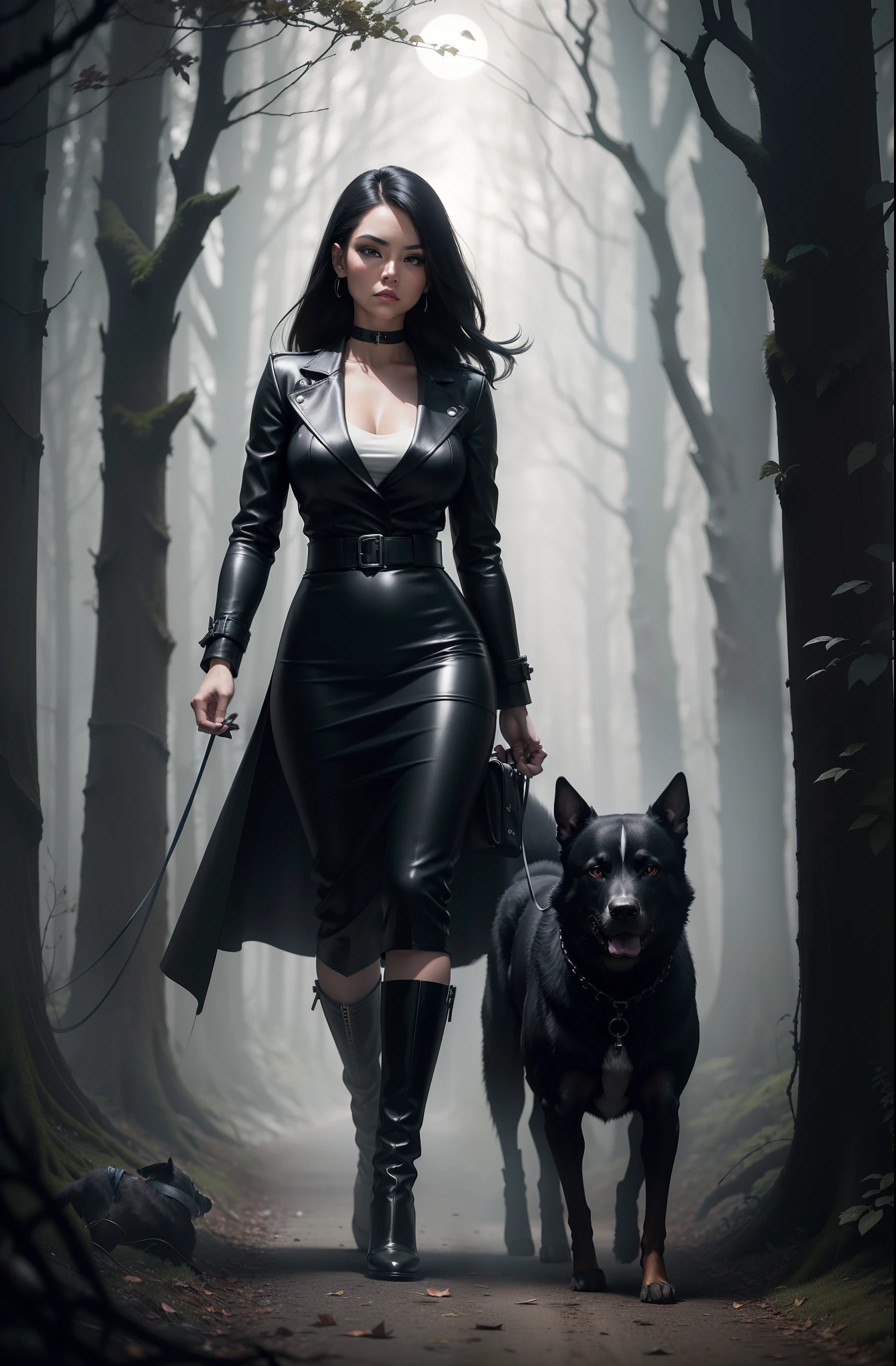 RAW masterpiece,  Ulra fine photo best quality,  Lynda Evangelista, BDSM, wearing black leather, high heeled boots, high resolution. walking her dog in the woods, at night lit by car headlamps, cinematic lighting, moonlight, foggy,  photographed in color cold dark palette, by Helmut Newton