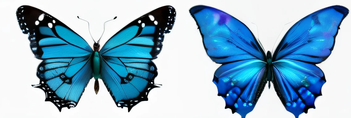 Two blue butterflies are shown side by side on a white background, asas de borboleta, borboletas azuis brilhantes, Borboletas, asas de vitrais, borboletas voando, butterflies floating in the sky, Asas de fada, borboletas marinhas, symetrical wings, borboleta, arte pop borboleta, asas de mariposa, com belas asas, Asas de Gossamer, joias de borboleta safira, Meio-mulher Meio-borboleta