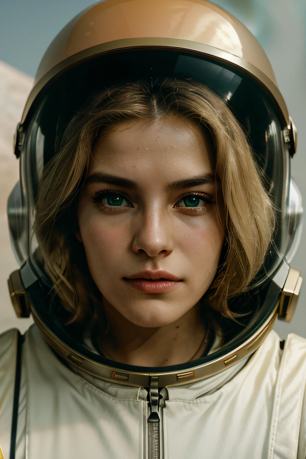 Front portrait with Paramount light of a female astronaut protagonist with blonde hair in Tarantino's aesthetic
 green-eyed with a (Cosmic Explorer Helmet) Photographed on the Moon in a cream spacesuit with retrofuturistic orange hue from the 90s, Profundidad de campo, f 1.4,