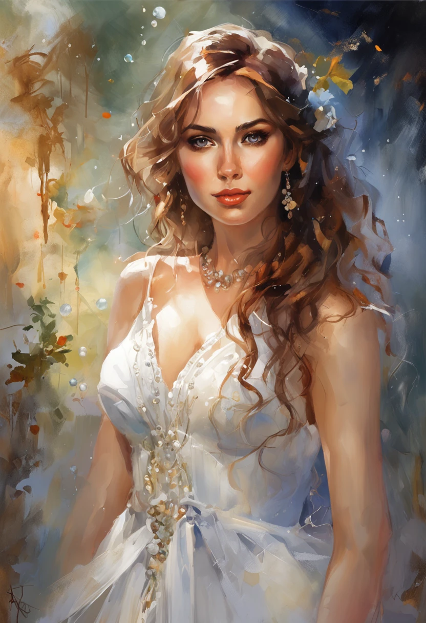 full bodyesbian, Realistic portrait of young bride at 20 years old with transparent wet marbles. Standard Body, Big Bust, Beautiful eyes painted realistically with perfect detail; Cold Face, White skin, goodlooking, m small art does not change body parts. Michael Garmash, Daniel F Gerhartz, Adult style, Warm dreamy light, Volumetric Lights, Adventure Style Pulp, liquid acrylic, Dynamic gradients, Vivid colors, Illustrations, Highly detailed vector curves, It features a simple, Smooth and clean, Vector art, Smooth, Character Design, Cinematic, surrealism, Masterpiece Collection, Lush watercolor, Vivid、Beautiful Wedding Dresses