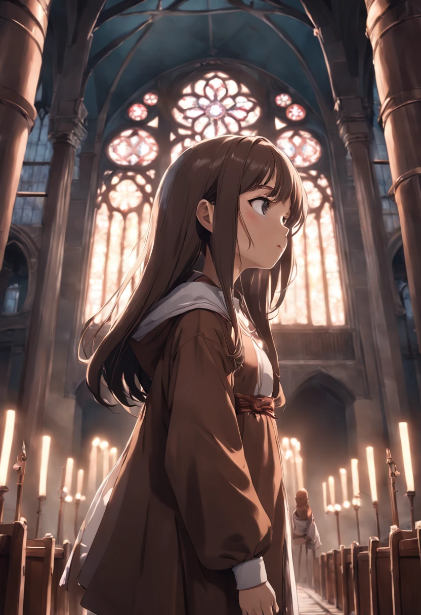 Ambiente realista de uma , cabelos pretos e curtos, com uma capa cinza e mochila marron nas costas. The girl praying with eyes turned to heaven. She's inside a dark church, com luzes passando pelos vitrais.