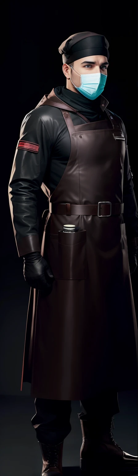 male nurse, in long heavy smith leather apron, pants, warm shirt, smith gloves, hijab, medic cap, boots, evil, asylum, insulated, protection, black respiratory mask. Static, enface, solid background, full.