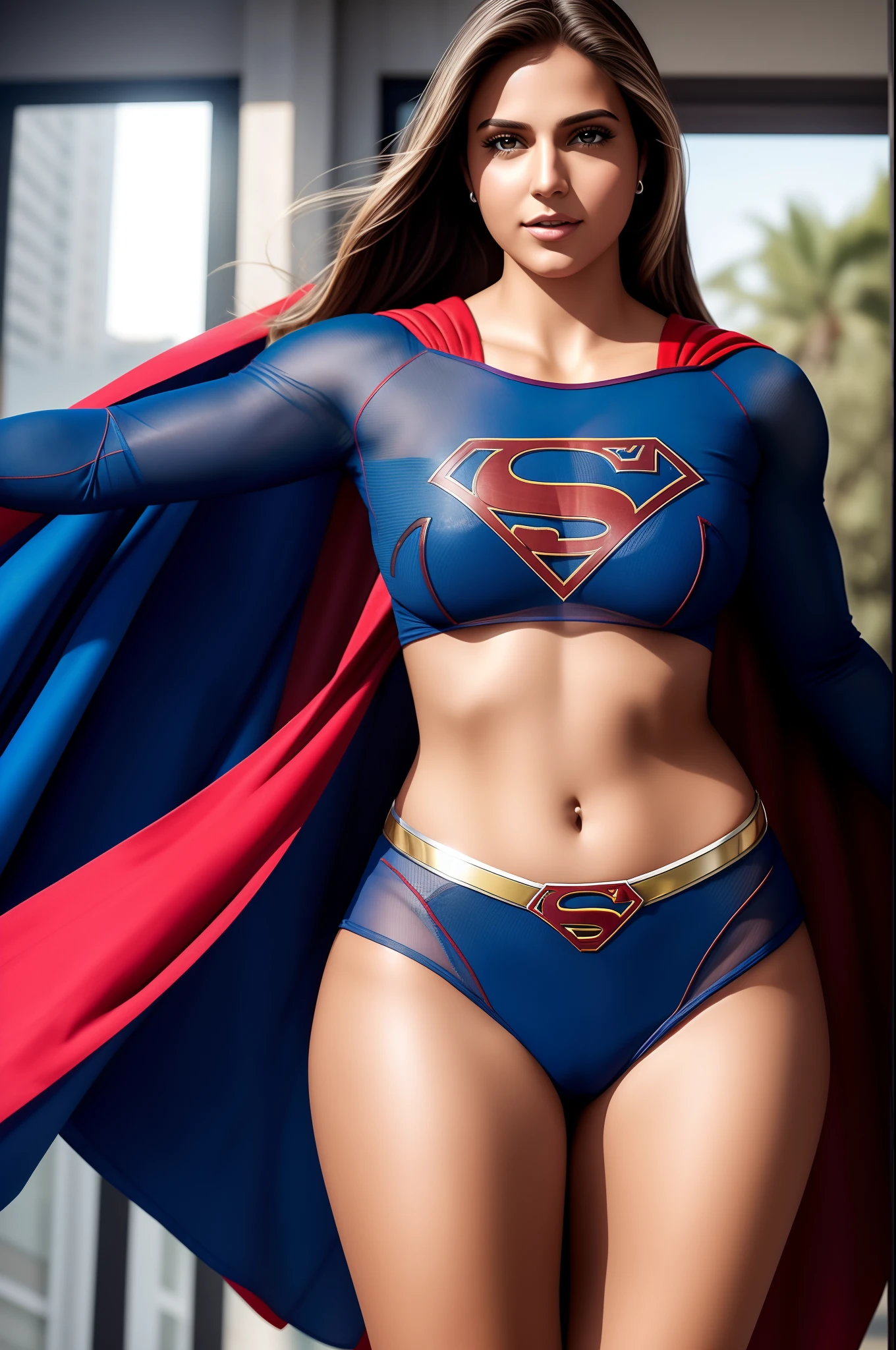 Supergirl, voando, transparent clothing showing hairy pubis, hairy genitalia, peitos grandes, capa, Cidade, Carros, rosto latina brasileira, roupa transparente, plus size, Cinematic setting.