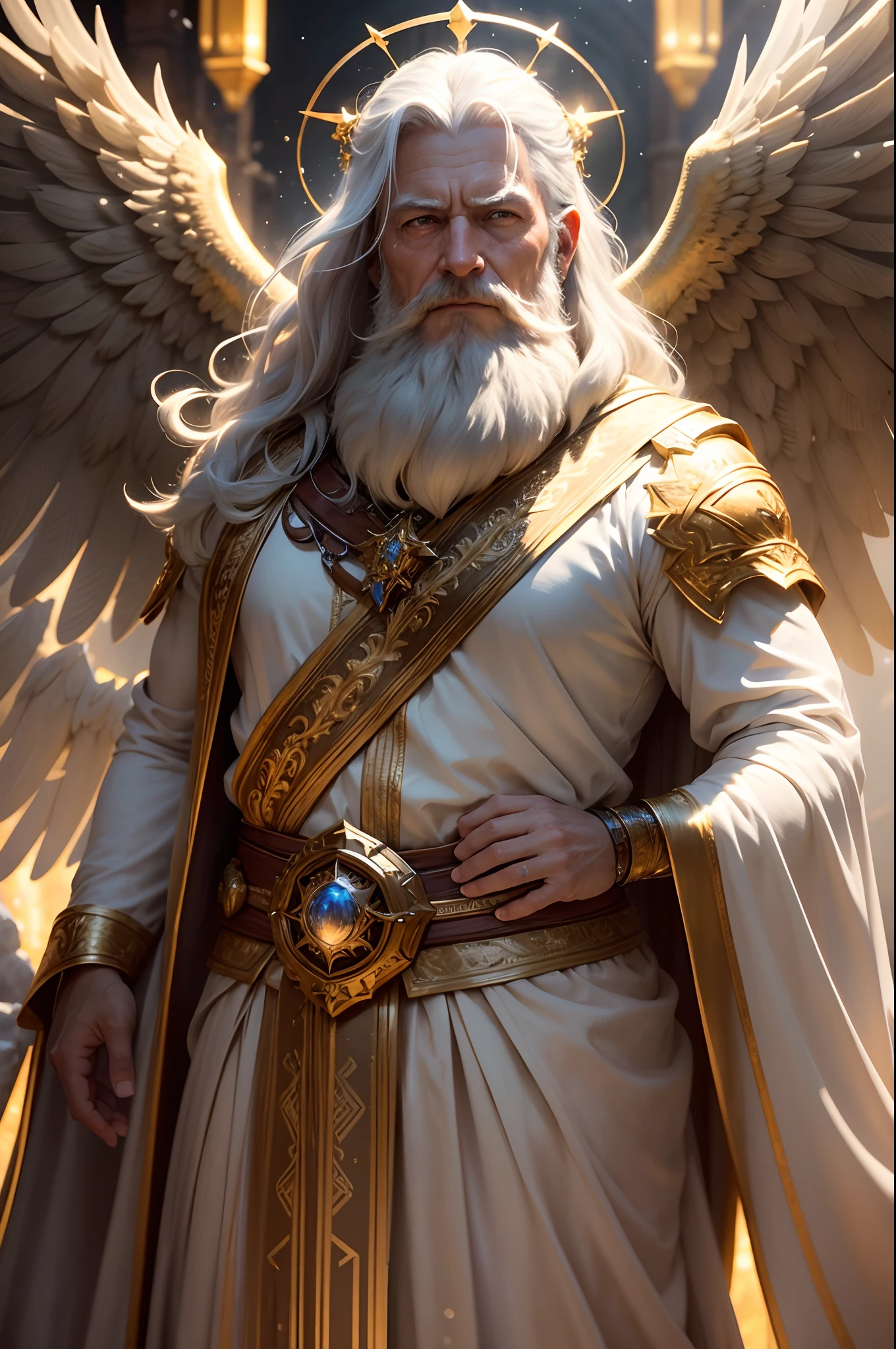 super high resolution, best quality, photo, 8k, (photorealistic: 1.2), cinematic lighting, An old man shaped like a fantz wlop, giant man with beard in bright white robes and floating on the crystal throne floating on crystal clouds, yellow eyes, bright yellow light emitted from the throne, precious stones floating in the sky, God, with beams of light enveloping his body, with large translucent, feathered wings on the crystal throne, wings are open, golden light (halo:1.2) over your head, abdominal muscles dressed in medieval golden armor, beard, masculine, dark, masterpiece, best quality, intricate details, snow environment and crystals in the background, crystal cathedral, portal of the future, 3D light, HD, magic, god of light, backlighting, detailed face, DREAD, depth of field, soft lighting, tone mapped, highly detailed, concept art, smooth, sharp focus, dramatic lighting, highly detailed art, cinematic, 8K, amazing shadows (highly detailed background: 1.2) --auto