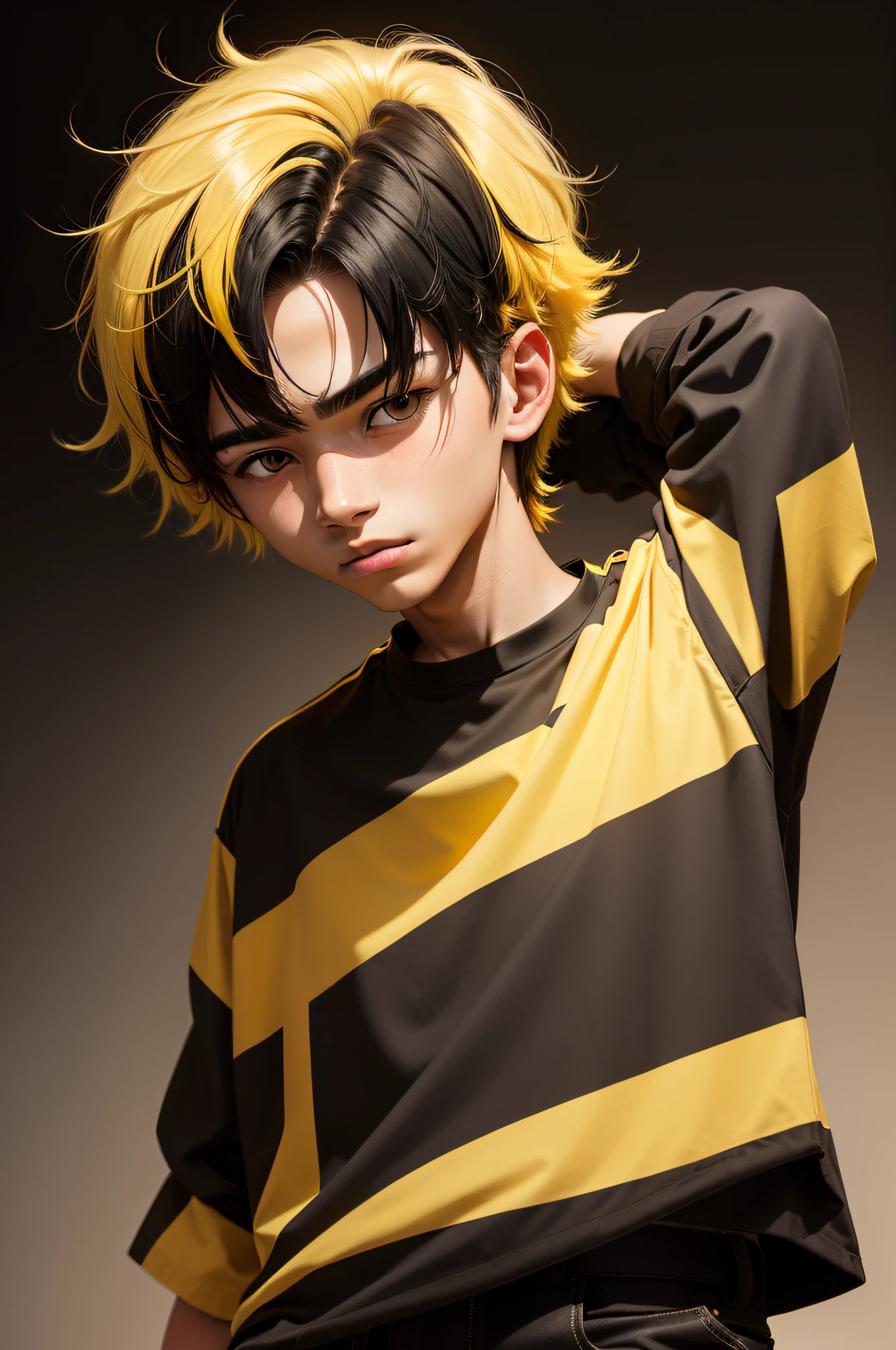 Black background 18-year-old man with medium black and yellow hair
