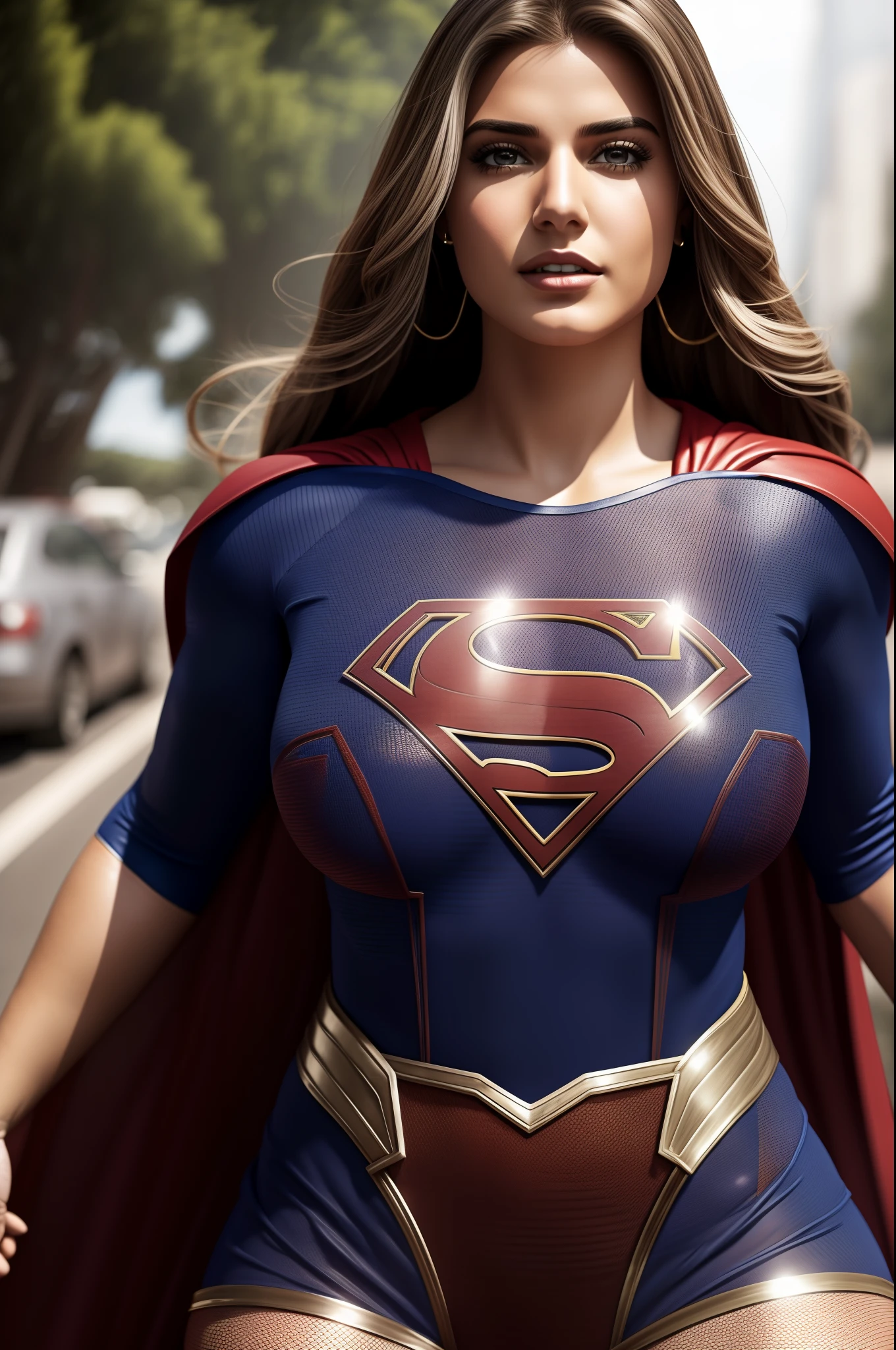 Supergirl, voando, transparent clothing showing hairy pubis, hairy genitalia, peitos grandes, capa, Cidade, Carros, rosto latina brasileira, roupa transparente, plus size, Cinematic setting.