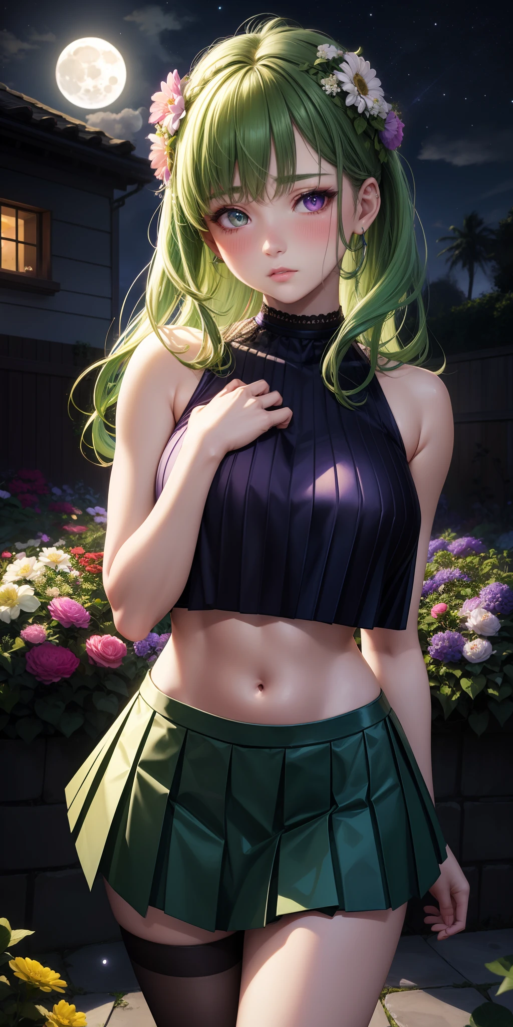 realistic, 1girl, green hair, purple eyes, glowing eyes, crop top, pleated skirt, parted lips, shy, blush, night, flowers, moon, moonlight, garden