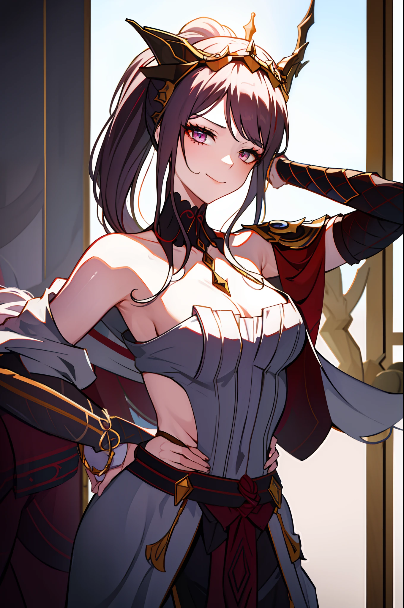 rosalia, (Huge breasts), nedium breasts, Masterpiece, Best quality, Ultra-detailed, Beautiful lighting, bangs, (Stand with one foot in front of the other,both hands on hip), (angle of view:1.1), (Smile:0.9),Busty body,large thick legs,fishnet stockings