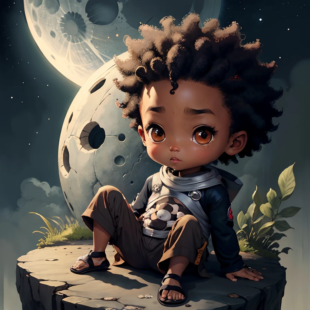 Cute dark brown skinned babyboy chibi anime, grey ninja clothes, sit in the teapot, moon, clear toes, clear feet, freckle on the face, wear sandals, hair tied up, Afro hair, long curly hair
