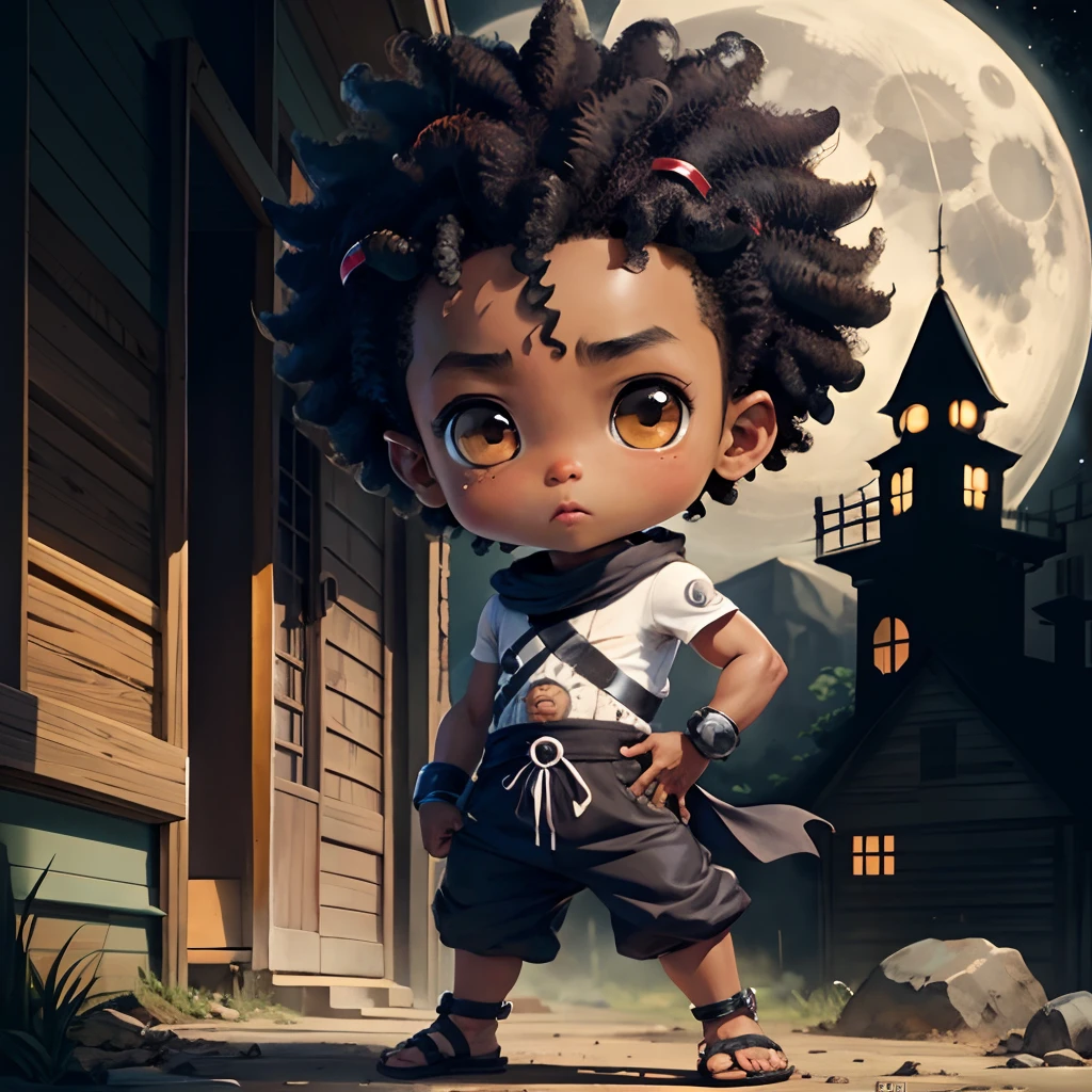 Cute chibi boy anime, dark brown skinned, Afro hair, grey ninja clothes, wear sandals, freckle face, moon