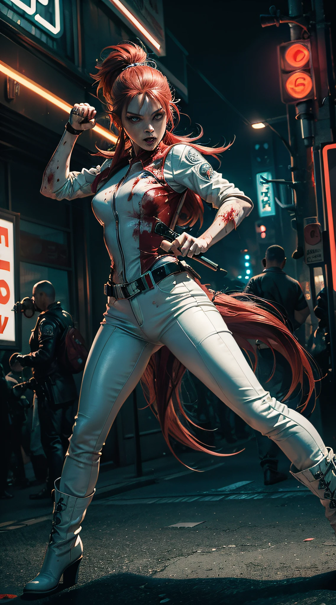 photo of crazy woman (psycho girl:1.5) (fighting action pose:1.5) wearing (white leather:1.3), (bloody:1.5), (red hair:1.2) sexy, big eyes, green eyes, urban futuristic look, (neon lights:1.3), night, fast motion, reflections, intricate detail, nostalgia, high boots, by Ed Binkley, Atey Ghailan, by Jeremy Mann, Gregory Manchess, Antonio Moro, trending on ArtStation, trending on CGSociety, Intricate, High Detail, Sharp focus, dramatic, photograph by greg rutkowski