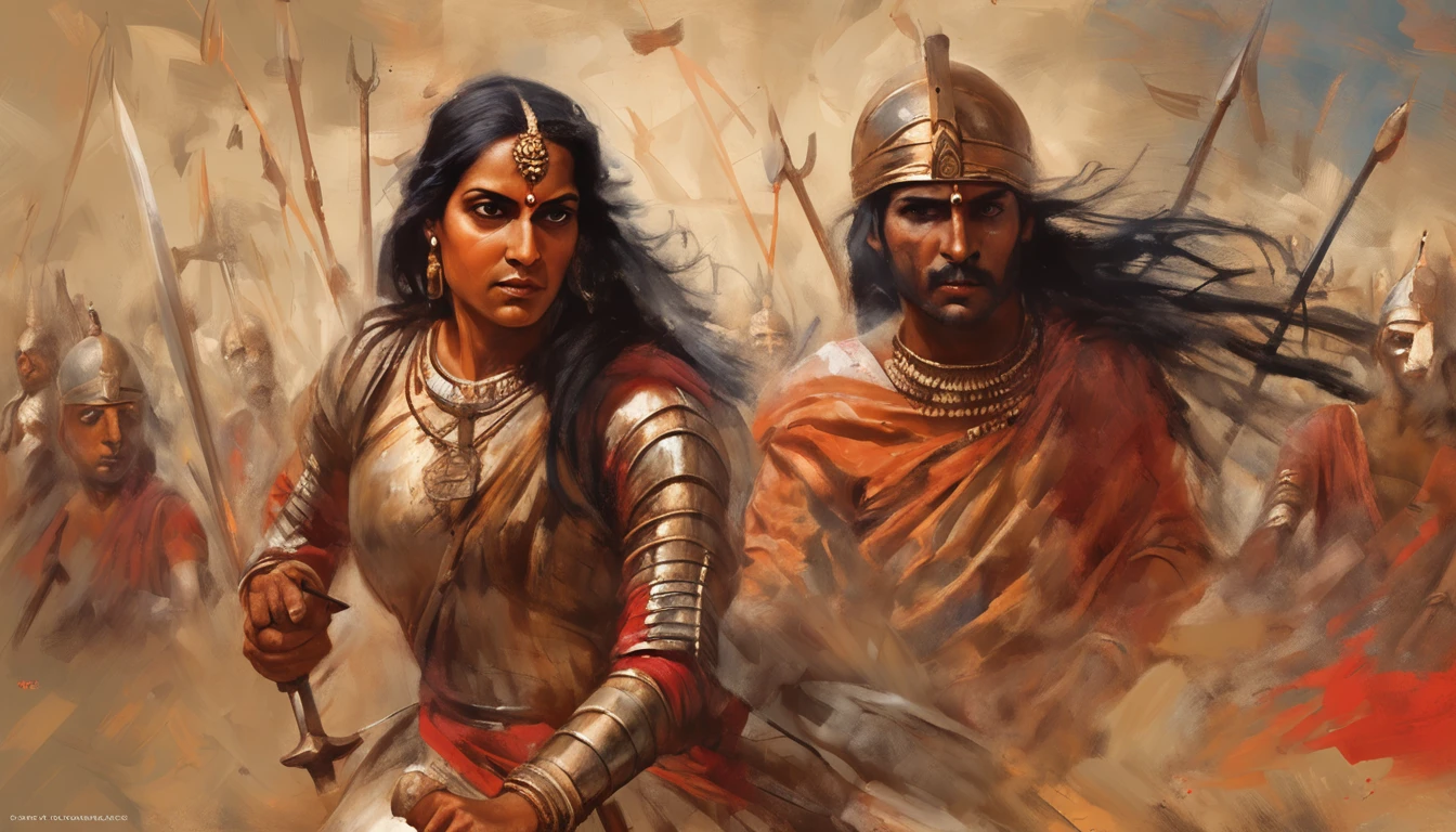 An oil painting capturing the determination of The Warrior Queen Jansi Laxmibai's face, inspired by Leonardo da Vinci's style. She stands amidst a battlefield, a fierce gaze in her eyes, surrounded by warriors. Warm tones highlight her resolve. Soft, diffused lighting enhances her regal presence. --v 5 --stylize 1000