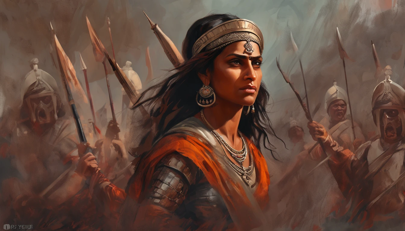 An oil painting capturing the determination of The Warrior Queen Jansi Laxmibai's face, inspired by Leonardo da Vinci's style. She stands amidst a battlefield, a fierce gaze in her eyes, surrounded by warriors. Warm tones highlight her resolve. Soft, diffused lighting enhances her regal presence. --v 5 --stylize 1000