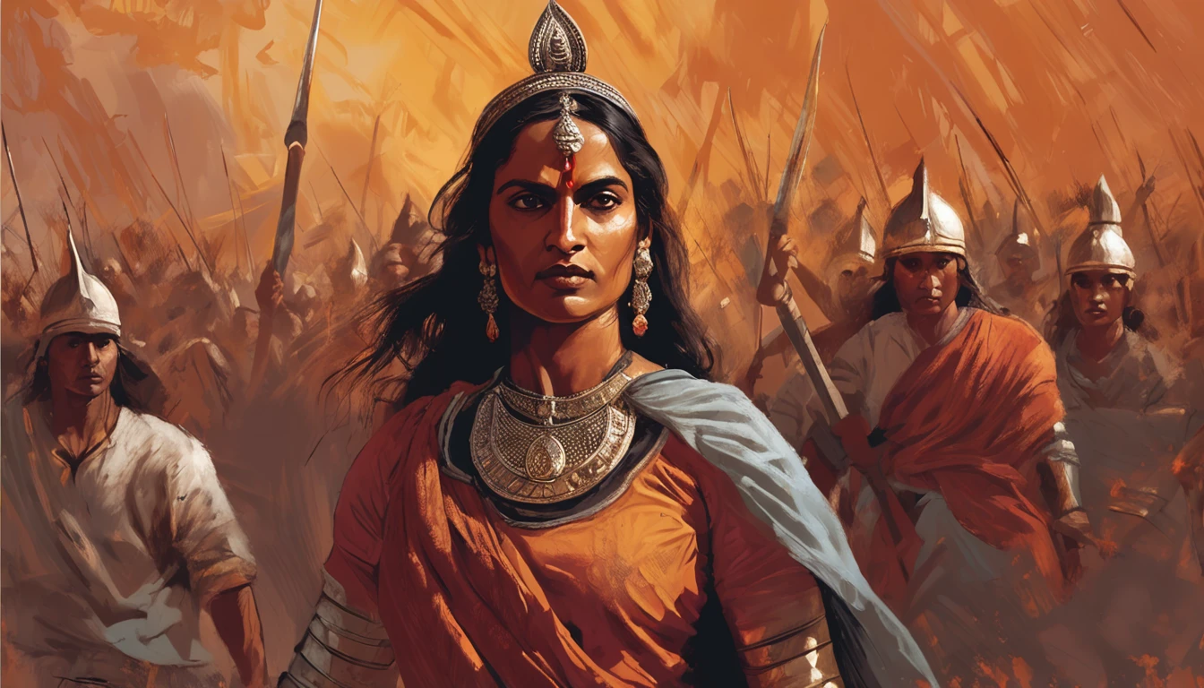 An oil painting capturing the determination of The Warrior Queen Jansi Laxmibai's face, inspired by Leonardo da Vinci's style. She stands amidst a battlefield, a fierce gaze in her eyes, surrounded by warriors. Warm tones highlight her resolve. Soft, diffused lighting enhances her regal presence. --v 5 --stylize 1000