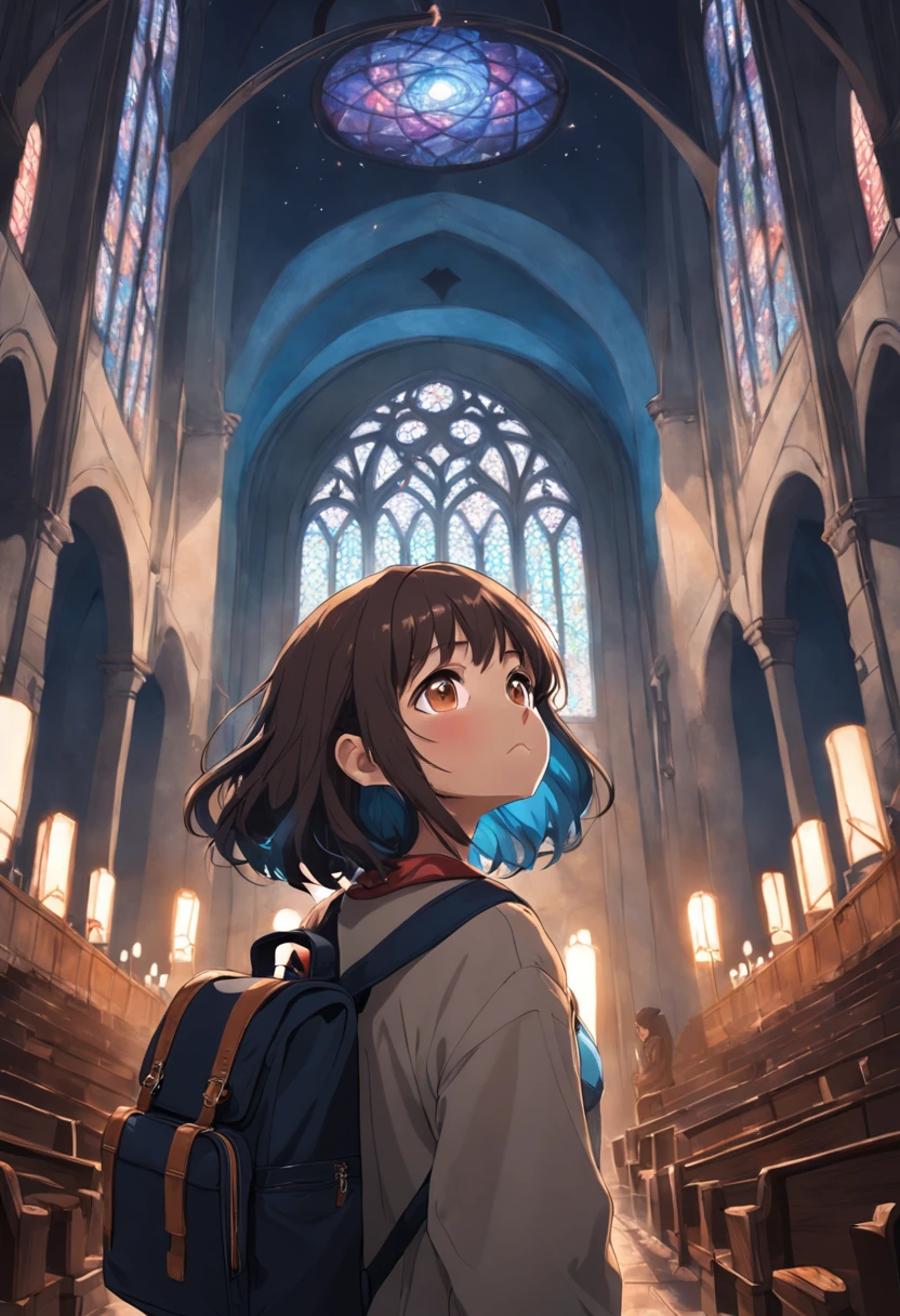 Ambiente realista de uma garota de cabelos pretos e curtos, com uma capa cinza e mochila marron nas costas. The girl is looking up, with eyes on the sky. She's inside a dark church, com luzes passando pelos vitrais coloridos.