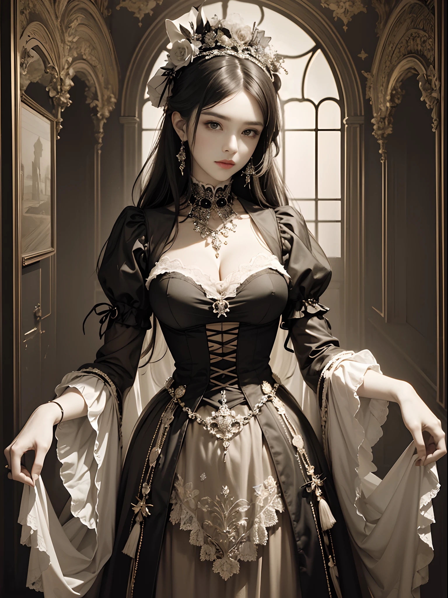 (Pure Color: 0.9), (Color: 1.1), (Masterpiece: 1,2), Top Quality, Masterpiece, High Resolution, Original, Highly Detailed Wallpaper, Beauty, Victorian, Dress, Melancholy, Big Breasts, Sepia Color, 40 years old