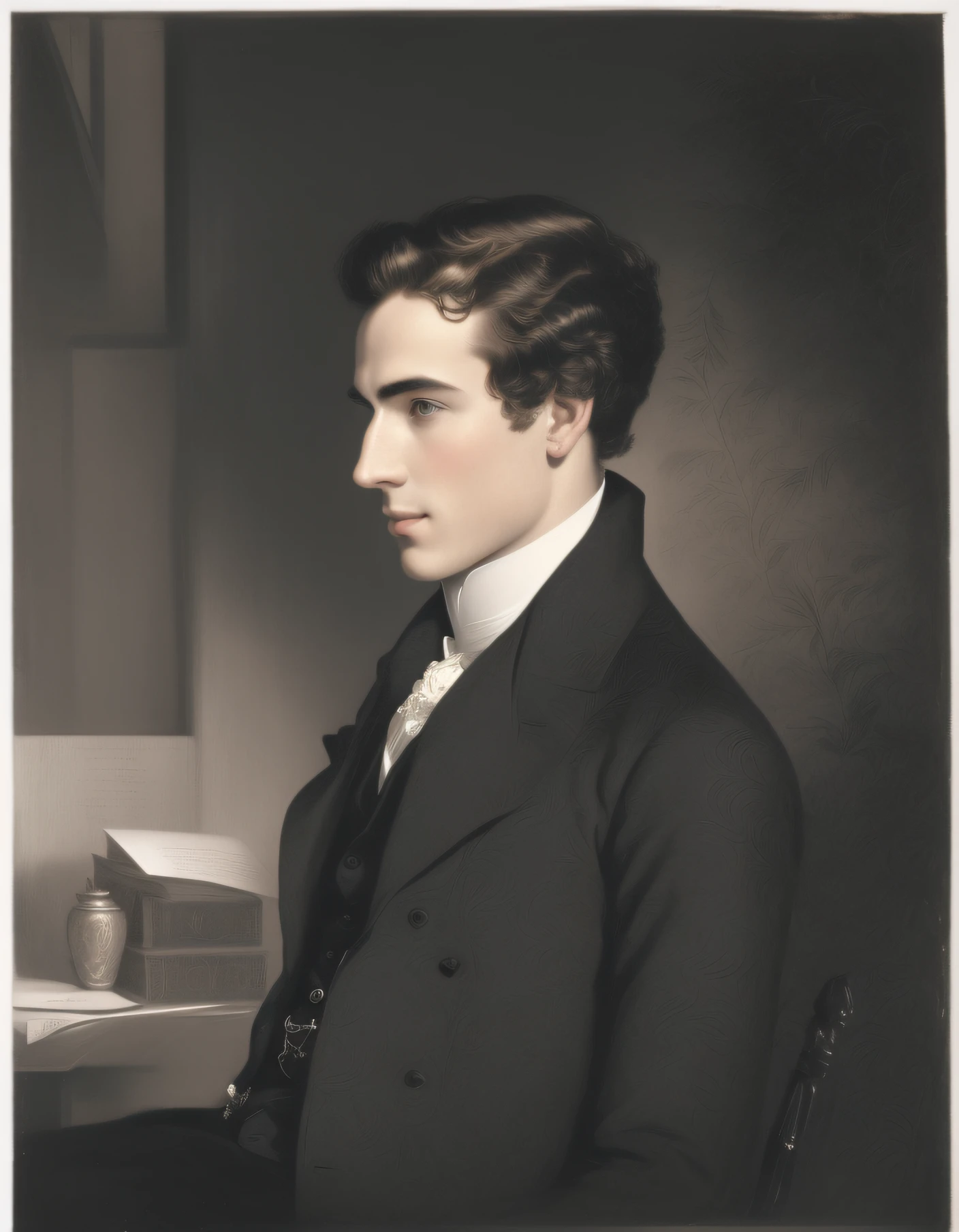 arafed portrait of a man in a black suit and white shirt, alexander wells, portrait of archie andrews, by Samuel Colman, lithograph, painting of a man, 3 / 4 view portrait, a mid-nineteenth century engraving, inspired by Felix Octavius Carr Darley, by Henry Ives Cobb, Jr., inspired by Samuel Colman
