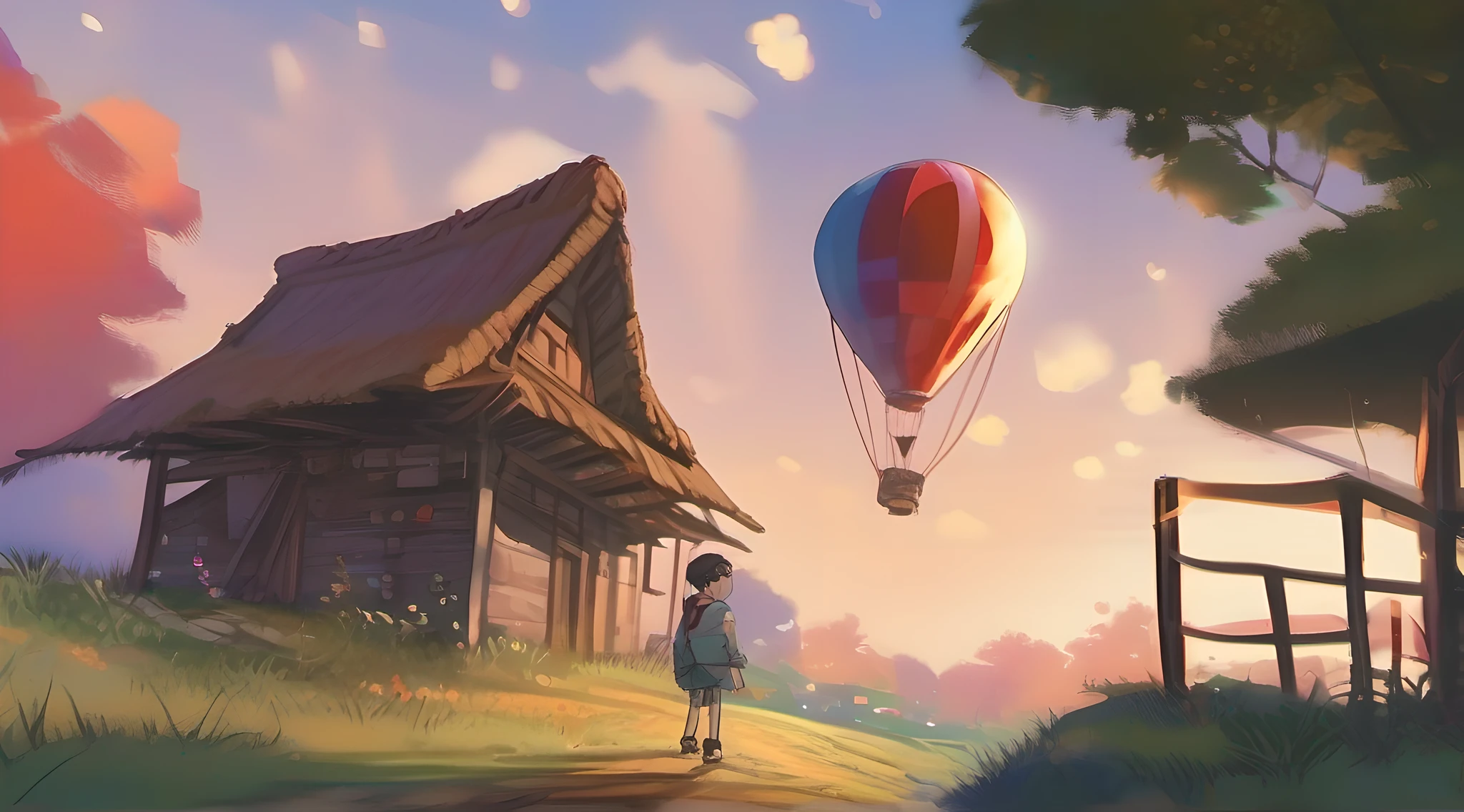 "(peasant boy:1.2, adventurous:1.1, cheerful:1.1, wearing shoes:1.1, looking at colorful gas balloon in the sky:1.1) | (in a peasant village:1.1, roadside house, dreamy:1.1, anime style:1.1, book cover style)"
