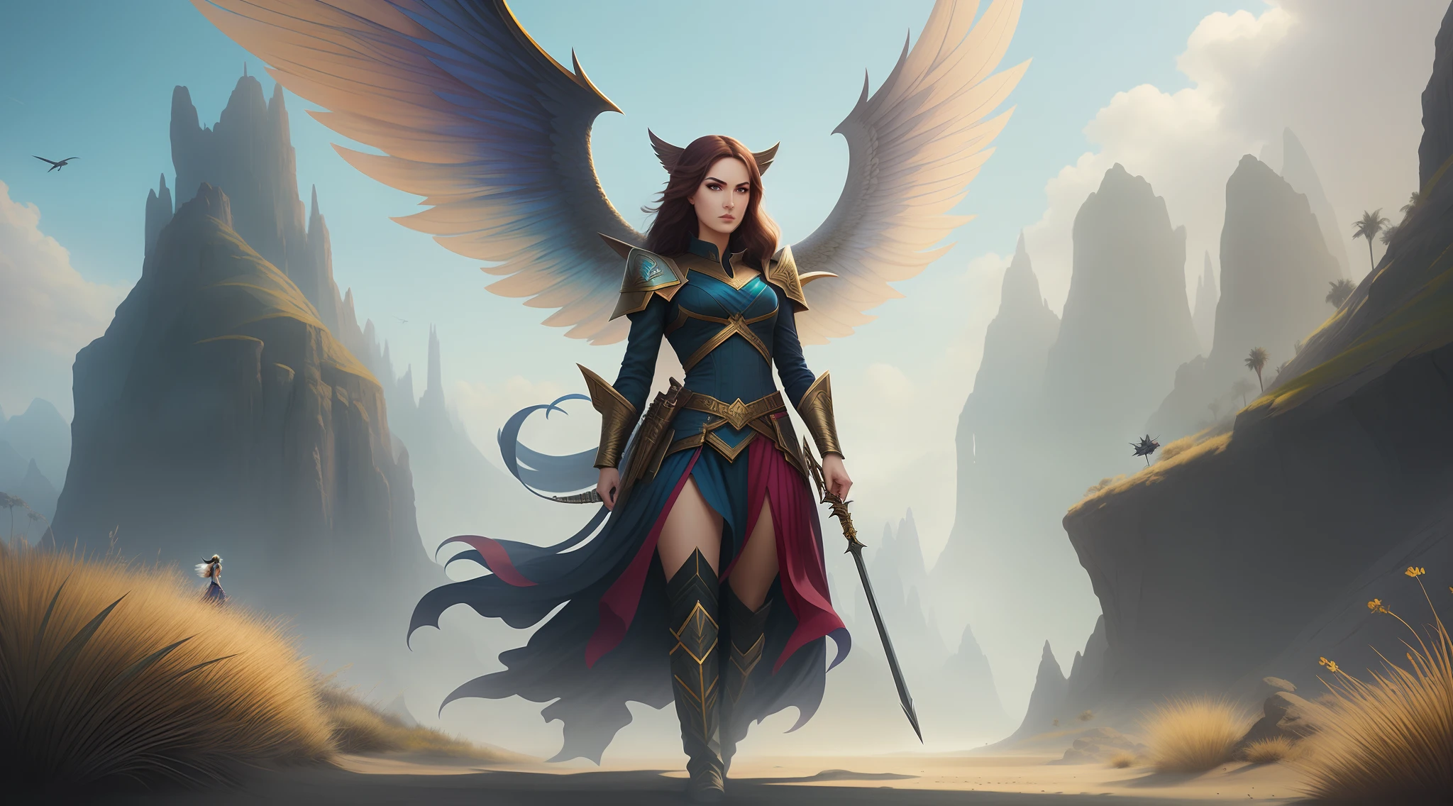There is a woman with a sword and wings walking in the desert, Artgerm Julie Bell Beeple, arte fantasia behance, Arte do Jogo de Cartas de Fantasia, arte conceitual | Artgerm, Directed by: Jeremy Chong, arte de fantasia de alta qualidade, Aly Fell e Artgerm, Epic Fantasy Digital Art Style, Magic the Gathering ArtStyle, por Yang J