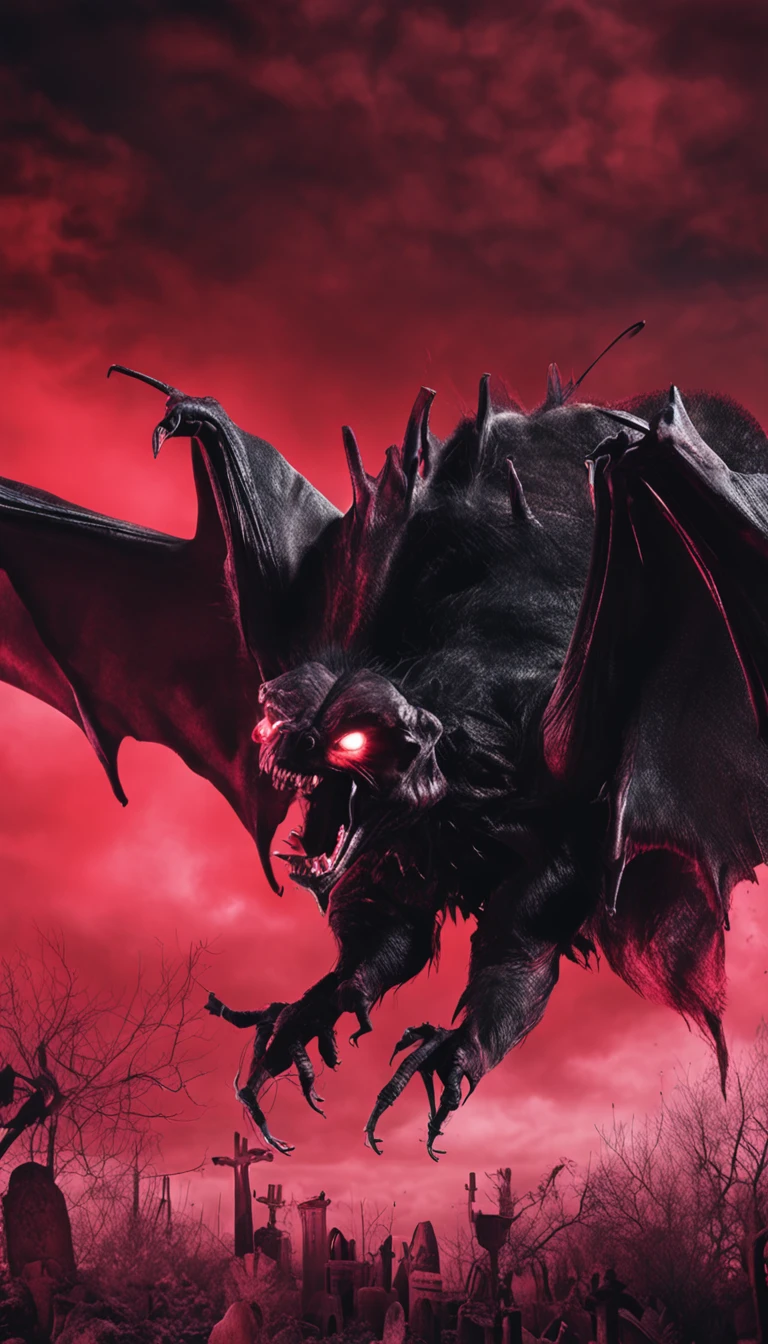Vampiro em um casaco preto，olhos de cor vermelha，Bats fly around，red skies，Castelos