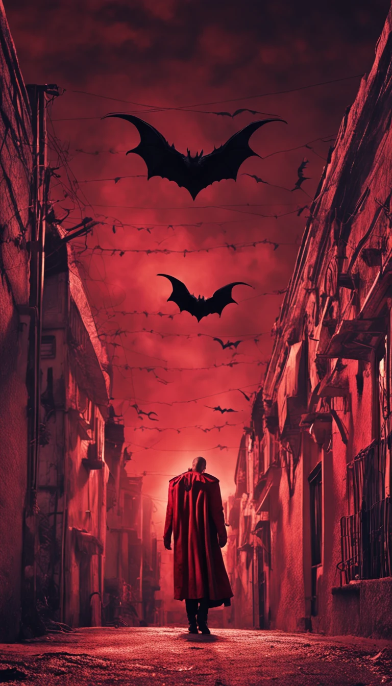 Vampiro em um casaco preto,olhos de cor vermelha,Bats fly around,red skies,Castelos