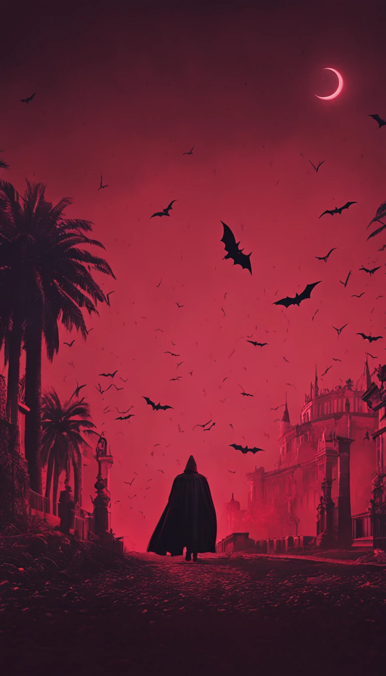 Vampiro em um casaco preto，olhos de cor vermelha，Bats fly around，red skies，Castelos