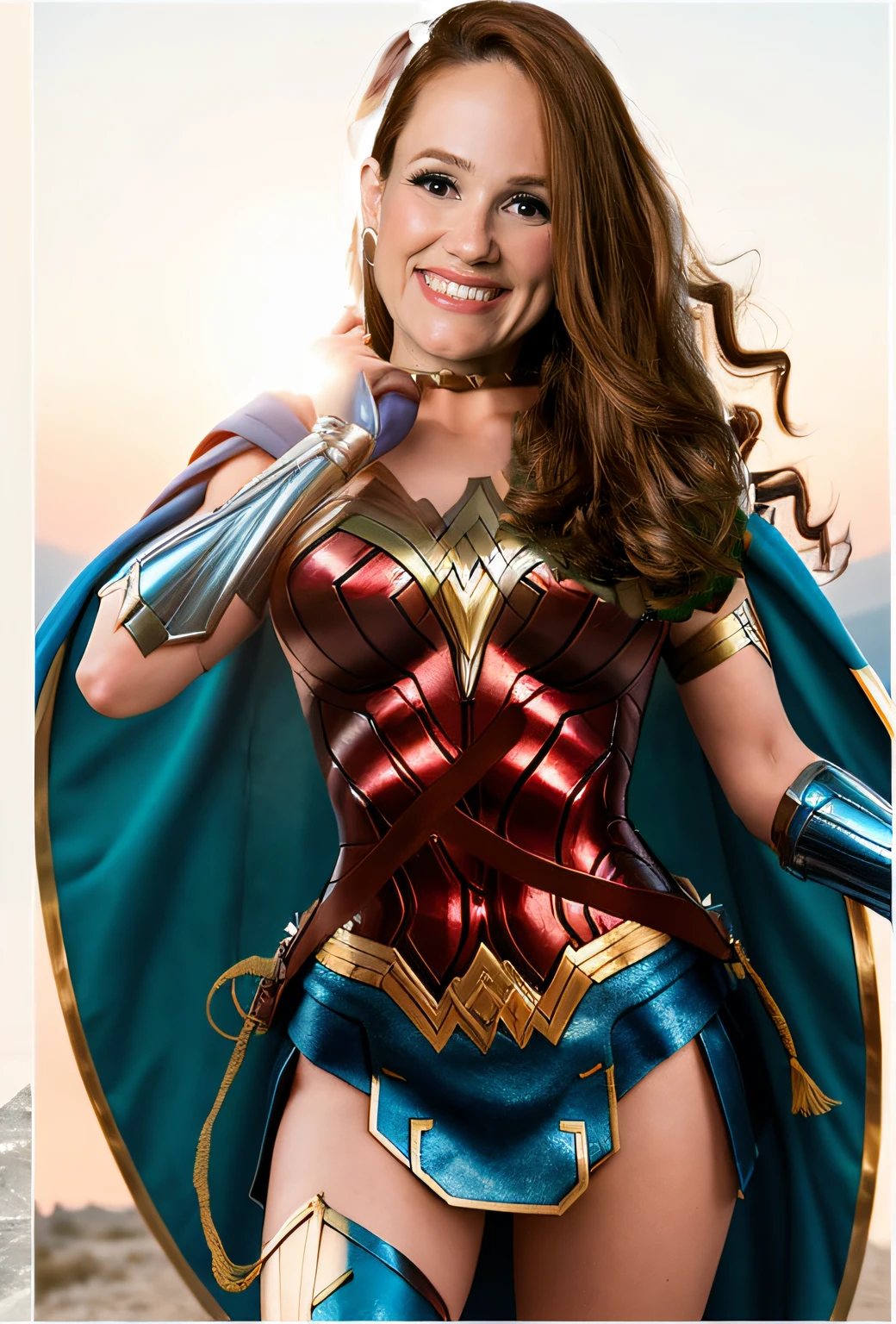 wearing wonder_woman_cosplay_outfit, in front of a sky, good hand,4k, high-res, masterpiece, best quality, head:1.3,((Hasselblad photography)), finely detailed skin, sharp focus, (cinematic lighting), night, soft lighting, dynamic angle, [:(detailed face:1.2):0.2], medium breasts, outside,