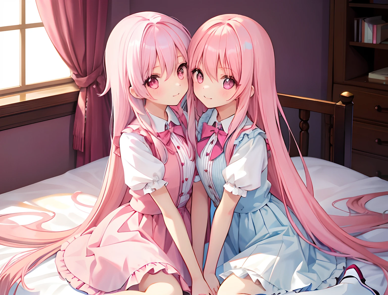 2girls,Girl1:,adolable,A pink-haired,long whitr hair,girl 2:A pink-haired,long whitr hair,Touch each other's chests